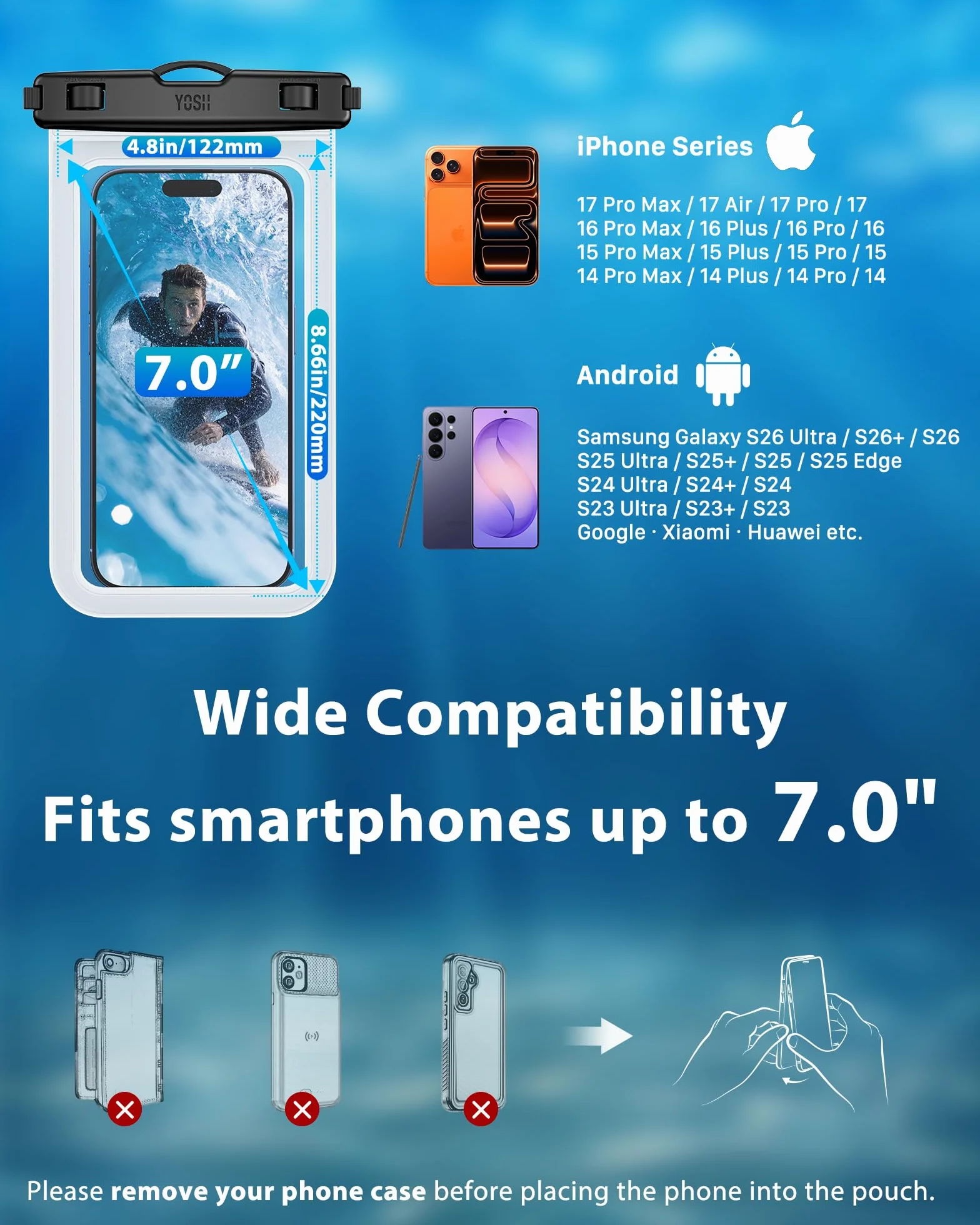 YOSH Wodoodporne etui na smartfona [2 sztuki], wodoszczelne etui na telefon, wodoodporne etui na smartfona iPhone 17 16 15, 14, 13, 12, 11 Pro, XR, Galaxy S26, S25, S24, S23, Ultra, przezroczyste