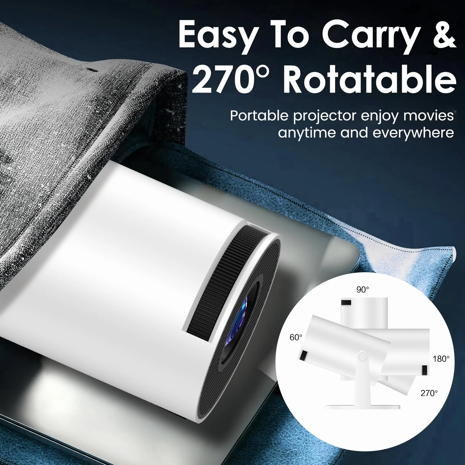 [Wbudowana aplikacja] Przenośny projektor mini projektor z WiFi 6 i Bluetooth 5.4 Reflektor obsługuje 4K 1080P, automatyczny obrót Keystone 270°, kompatybilny z HDMI/TV Stick/laptopem/Memory Stick