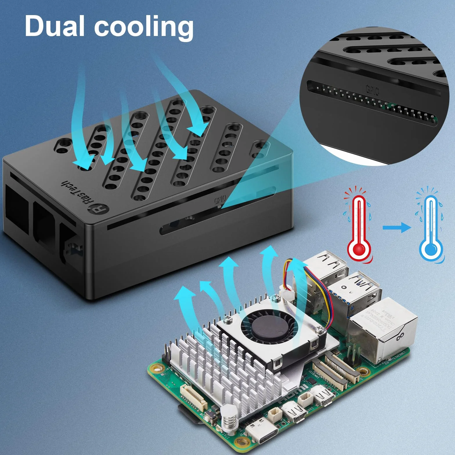 RasTech zestaw do Raspberry Pi 5 16 GB z zasilaczem GaN 27 W 5,1 V 5 A USB-C, aktywna chłodziarka, zestaw rederów kart 32 GB, kabel wyjściowy 4K Micro HD, etui na karty Pi 5 16 GB i instrukcja obsługi