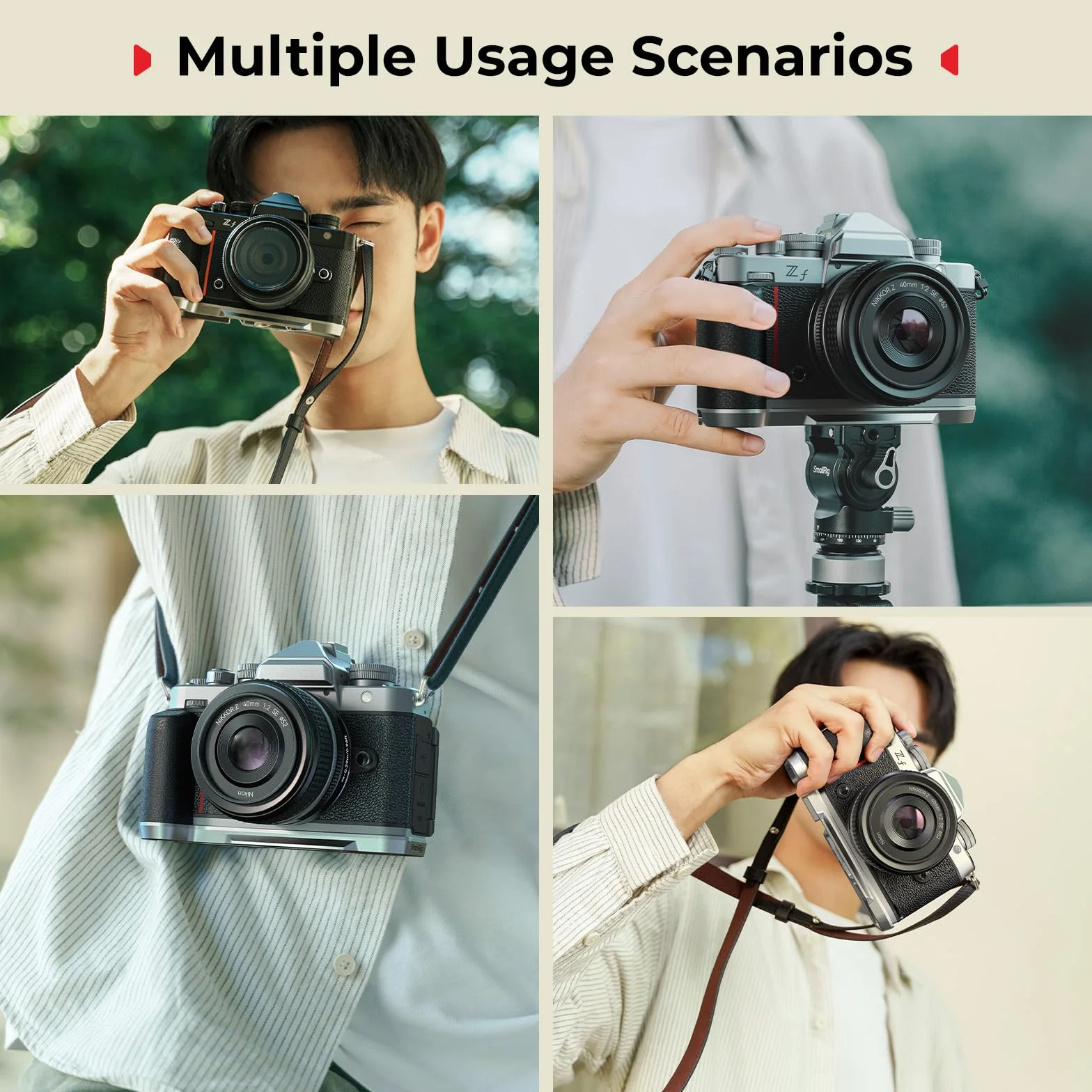 SMALLRIG Silikonowy uchwyt w kształcie litery L do Nikon Z f, z wbudowaną płytką szybkiego montażu do Arca i otworem na pasek na nadgarstek, z gwintowanymi otworami 1/4"-20 do (srebrny) - 5706