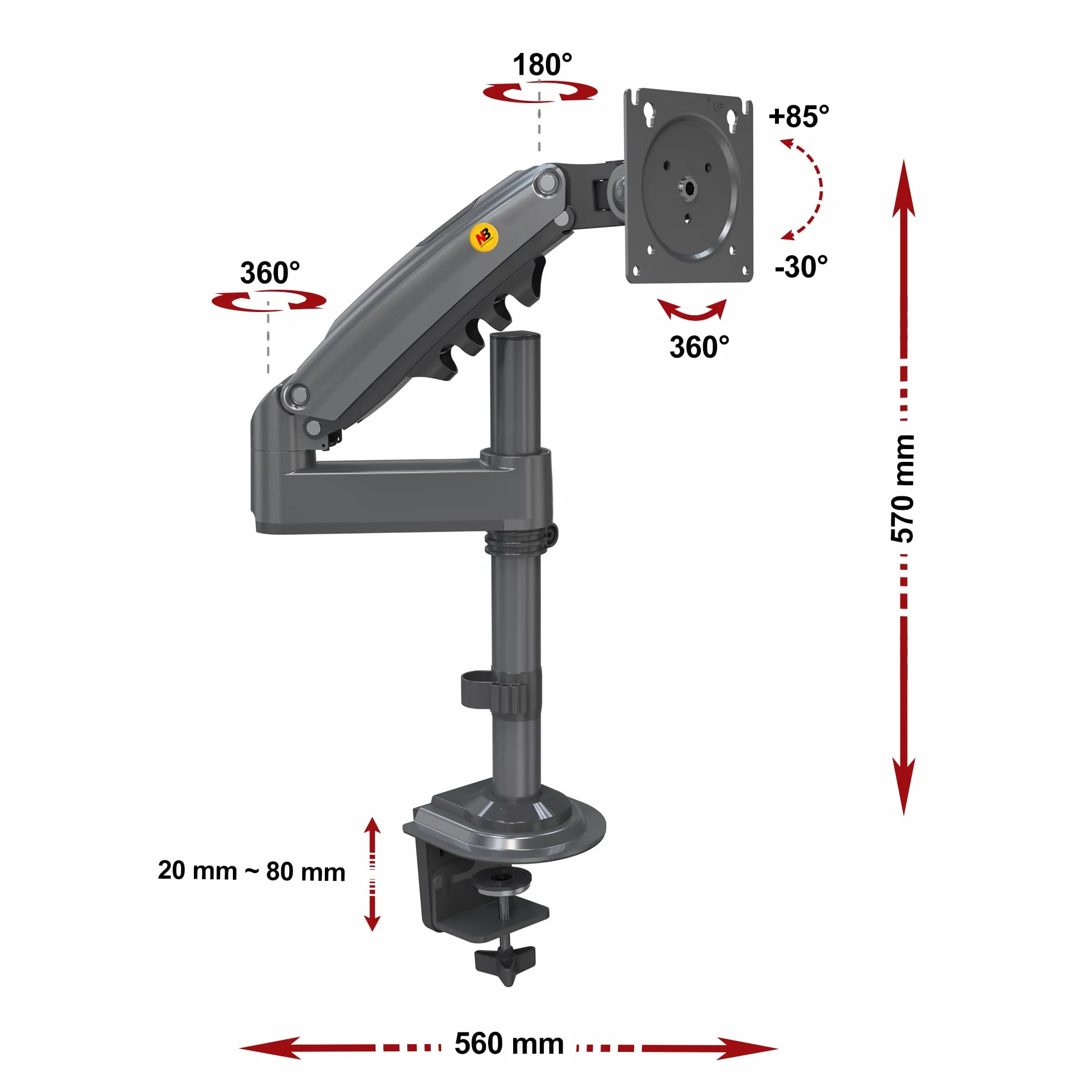 Solidny obrotowy uchwyt biurkowy na sprężynie gazowej do monitorów LCD LED 17-30 cali, VESA max. 100 x 100 mm, udźwig do 9 kg