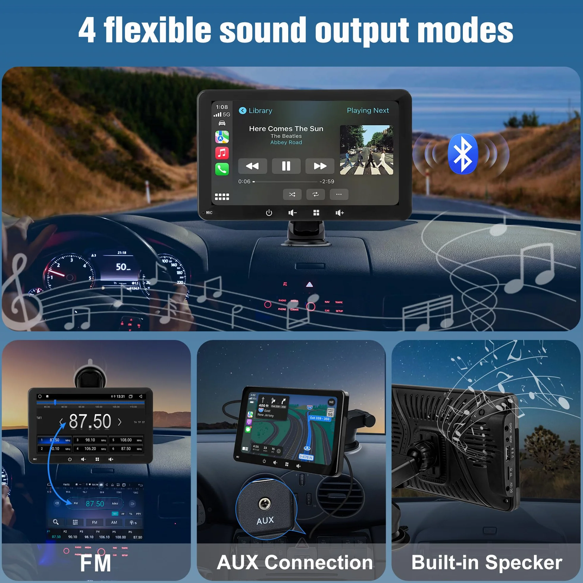 Autolink bezprzewodowy Carplay i Android Auto ekran do odtwarzania samochodu, 7-calowy przenośny tablet samochodowy kompatybilny ze sterowaniem głosowym, Bluetooth 5.0, funkcja ekranu lustra
