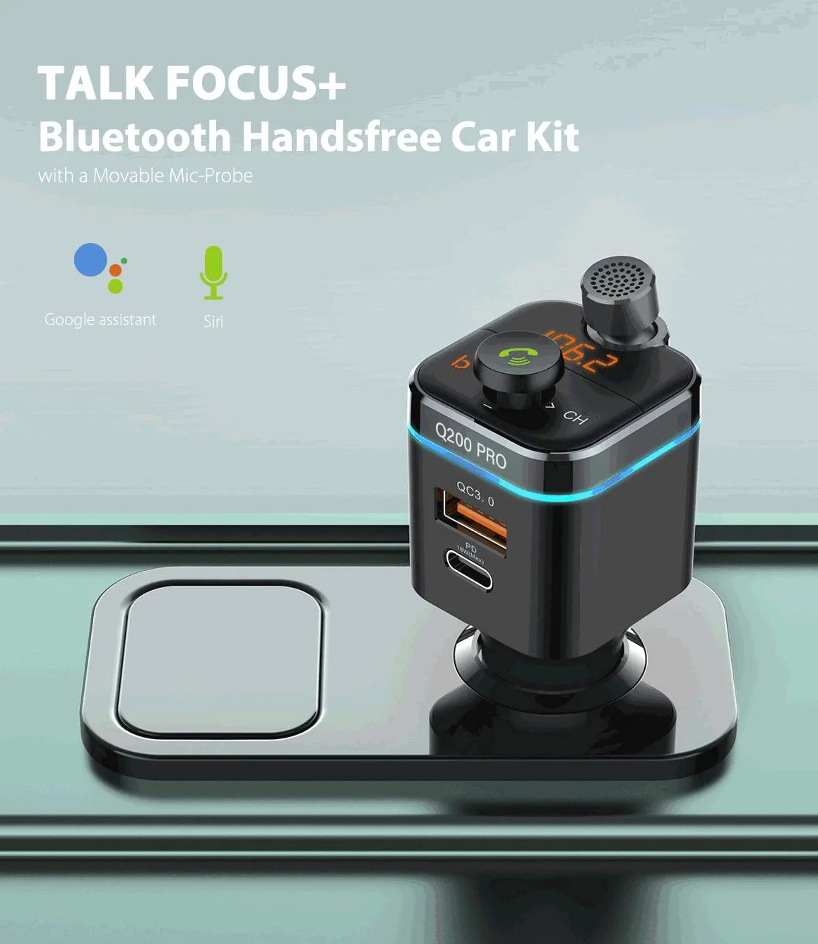 Feegar Q200 Pro Transmiter FM Bluetooth 5.0 QC3.0 4.0 PD SD MP3 USB-C 12-24 V Ładowarka 42W typ C 87,5–108,0 MHz Regulowany mikrofon HD Bass Boost Efekt Siri