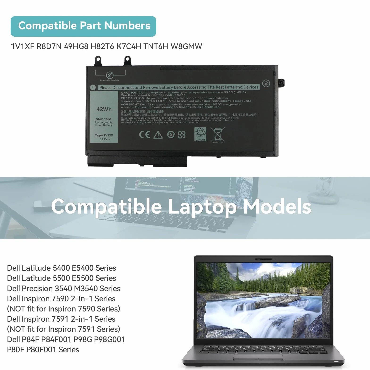 K KKYUER 42Wh 1V1XF Bateria do Dell Latitude 5400 5500 E5400 E5500 Inspiron 7590 7591 2n1 2-in-1 Precision 3540 M3540 Mobile Workstation Series P84F P98G P80F R8D7N 49HG8 H82T6 K7C4H TNT6H W8GMW