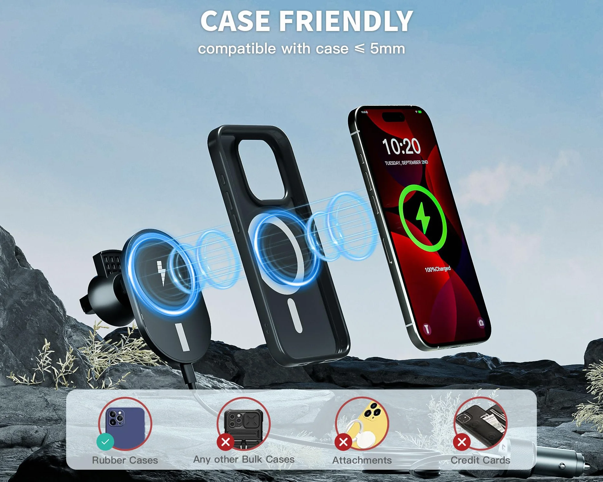 Bezprzewodowa ładowarka samochodowa, 2-pak 15 W Qi szybkie ładowanie samochodowy uchwyt na telefon z ładowarką samochodową QC3.0 do deski rozdzielczej przedniej szyby do iPhone'a 17/16/15/14/13/12/11