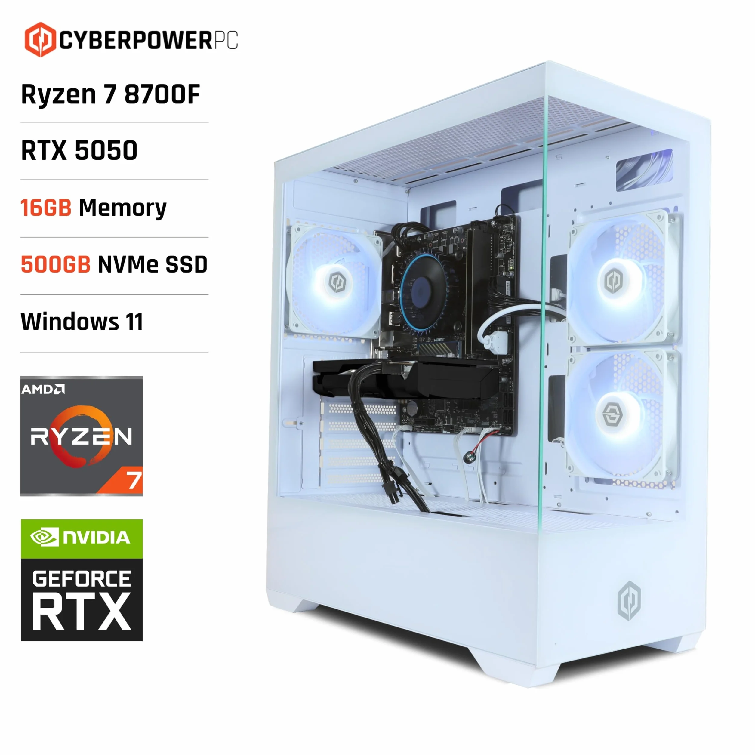 CyberPowerPC Wyvern Gaming PC - AMD Ryzen 7 8700F, Nvidia RTX 5050, 16GB RAM, 500GB NVMe SSD, 650W PSU, Wi-Fi, Windows 11, Prism Panoramic White