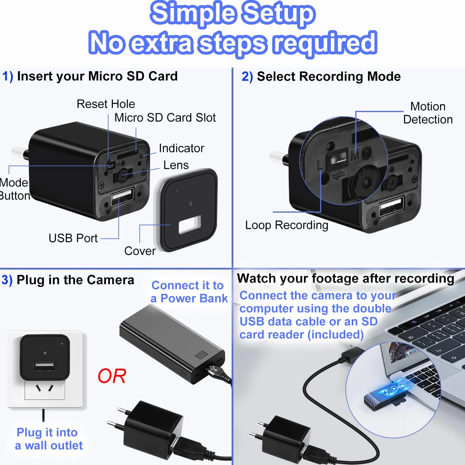 TANGMI Kamera szpiegowska, ładowarka USB / adapter mini ukryta kamera szpiegowska, nagrywanie wideo HD 1080P mikro kamera szpiegowska z wykrywaniem ruchu i nagrywaniem w pętli