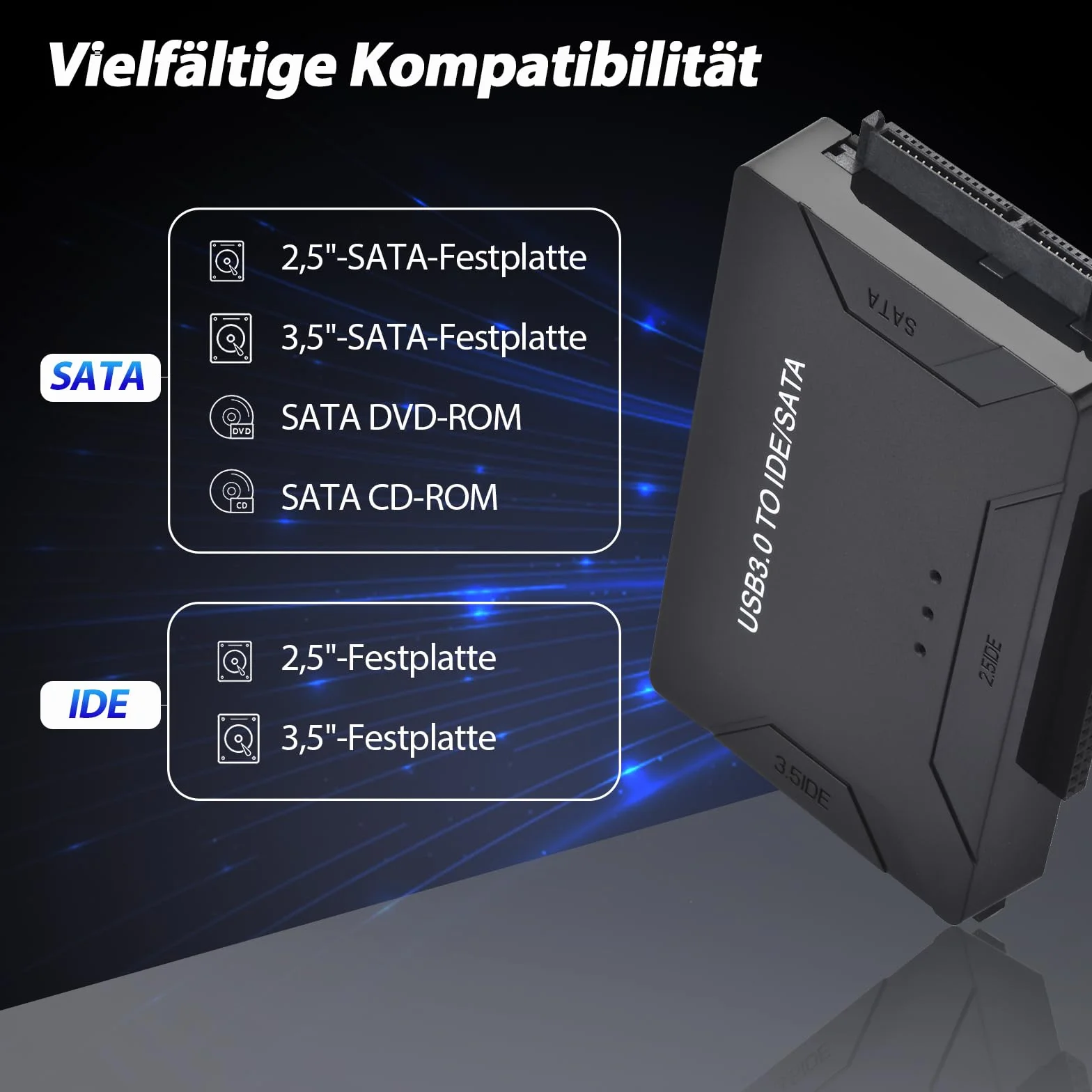 Adapter dysku twardego USB 3.0 na IDE/SATA do dysków twardych 2,5 cala i 3,5 cala HDD/SSD, adapter USB SATA Converter Kompatybilny z Windows 10/8/7/XP/Vista, Mac OS, Linux itp. (z źródłem