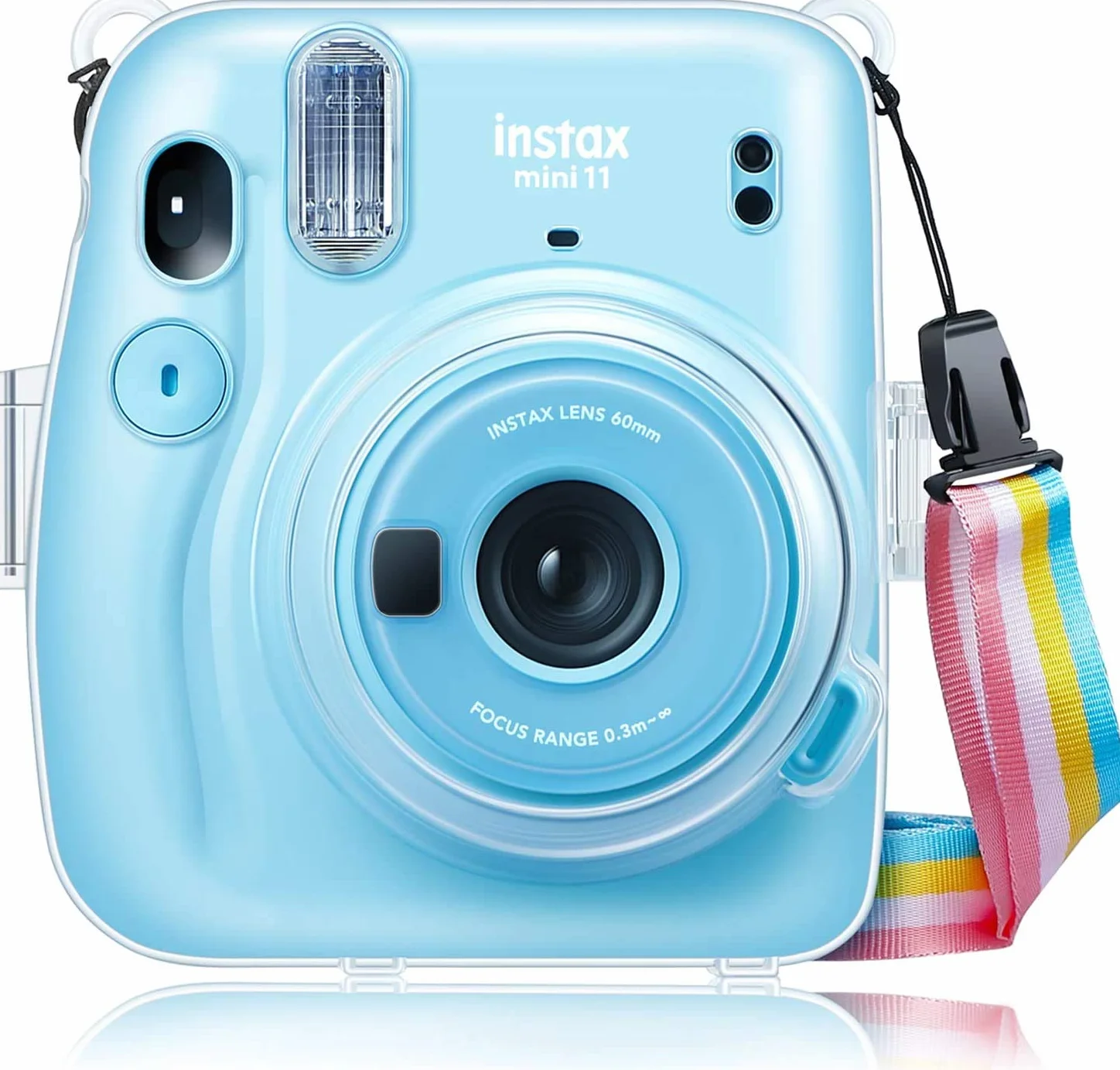 FINTIE Przezroczyste etui ochronne do aparatu Fujifilm Instax Mini 11 Instant Film - Krystalicznie twarda osłona PCW ze zdejmowanym tęczowym paskiem na ramię, przezroczyste