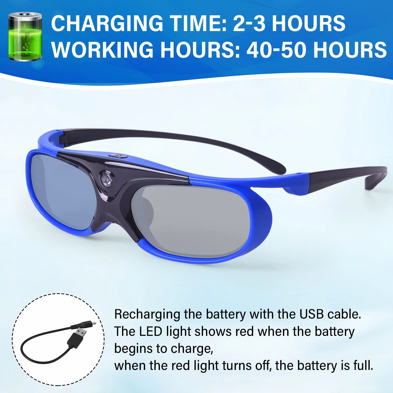 Okulary 3D, aktywna migawka DLP Link, okulary do ponownego ładowania 3D DLP Link Projektor BenQ Optoma Viewsonic Acer Philips LG Infocus NEC Jmgo Vivitek Cocar Toumei Beamer - niebieskie, 2 sztuki