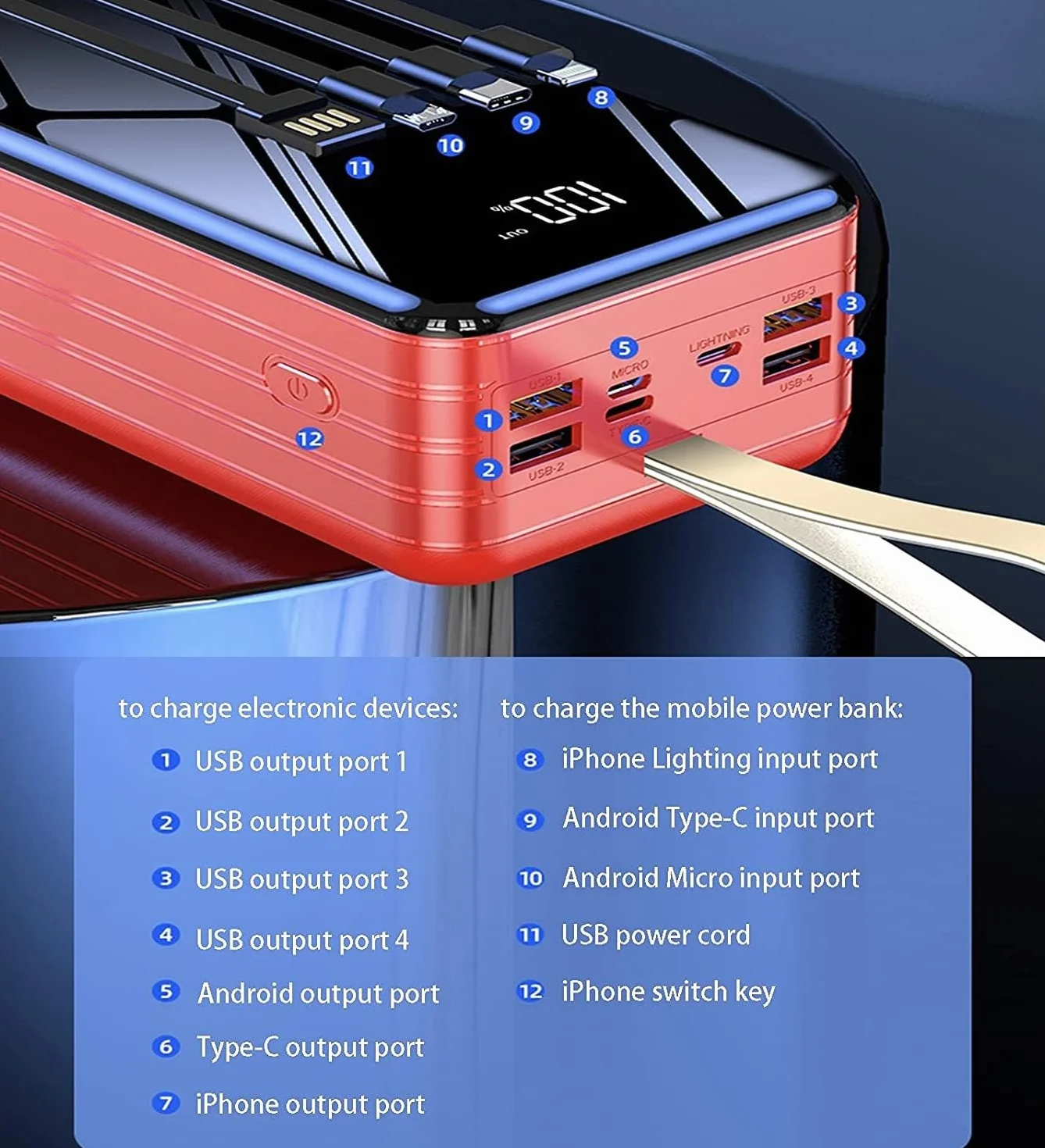 100000 mAh USB Power Bank przenośna ładowarka, prosta stylowa i kompaktowa konstrukcja, akumulator do szybkiego ładowania 2,1 A, do smartfonów, tabletów, konsoli do gier (czarny)