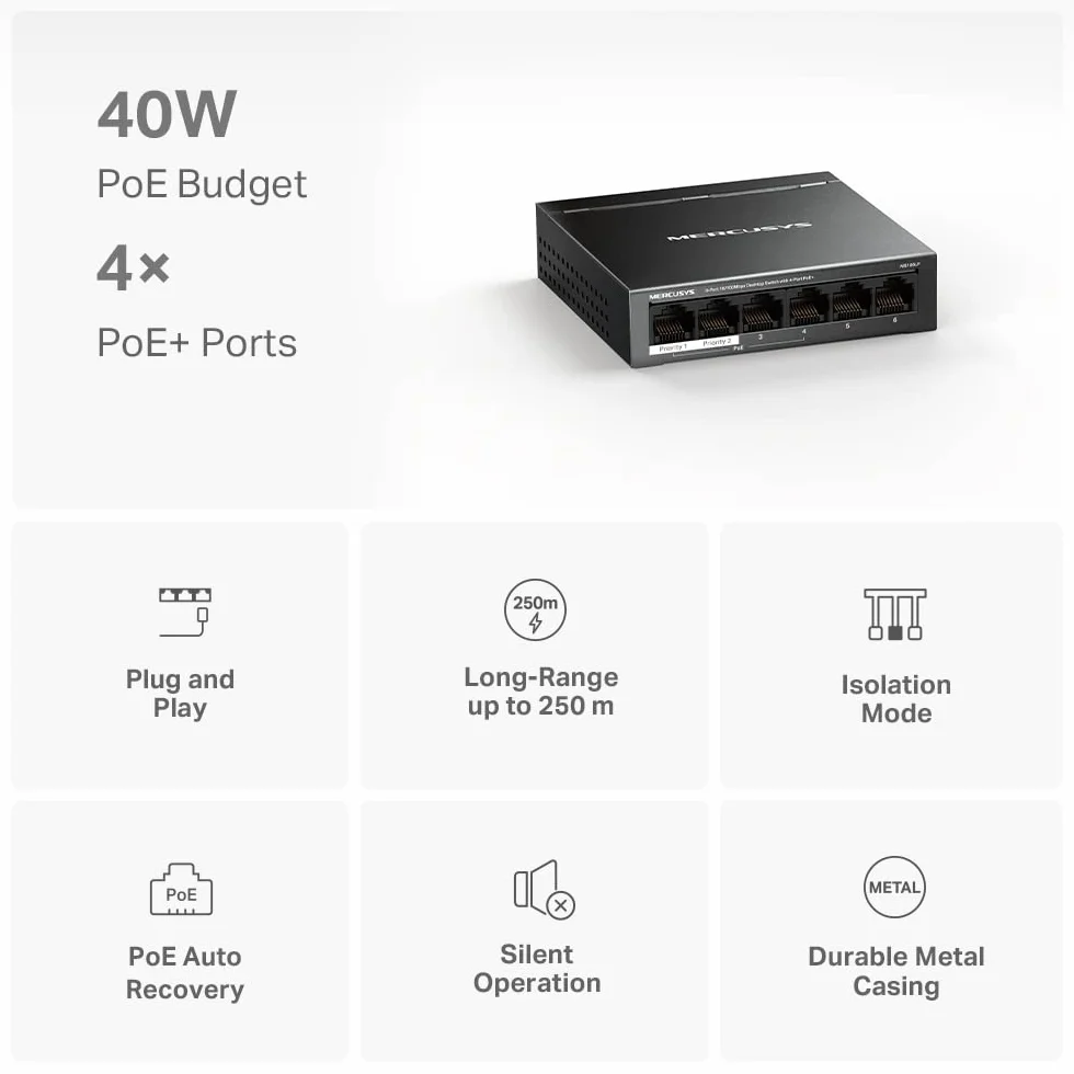 MERCUSYS MS106LP TP-Link Switch PoE 6 portów Ethernet, 40 W dla wszystkich portów PoE, 4 porty PoE+ 30W 802.3af/at, przełącznik Ethernet, przełącznik RJ45, metalowa obudowa, listwa zasilająca