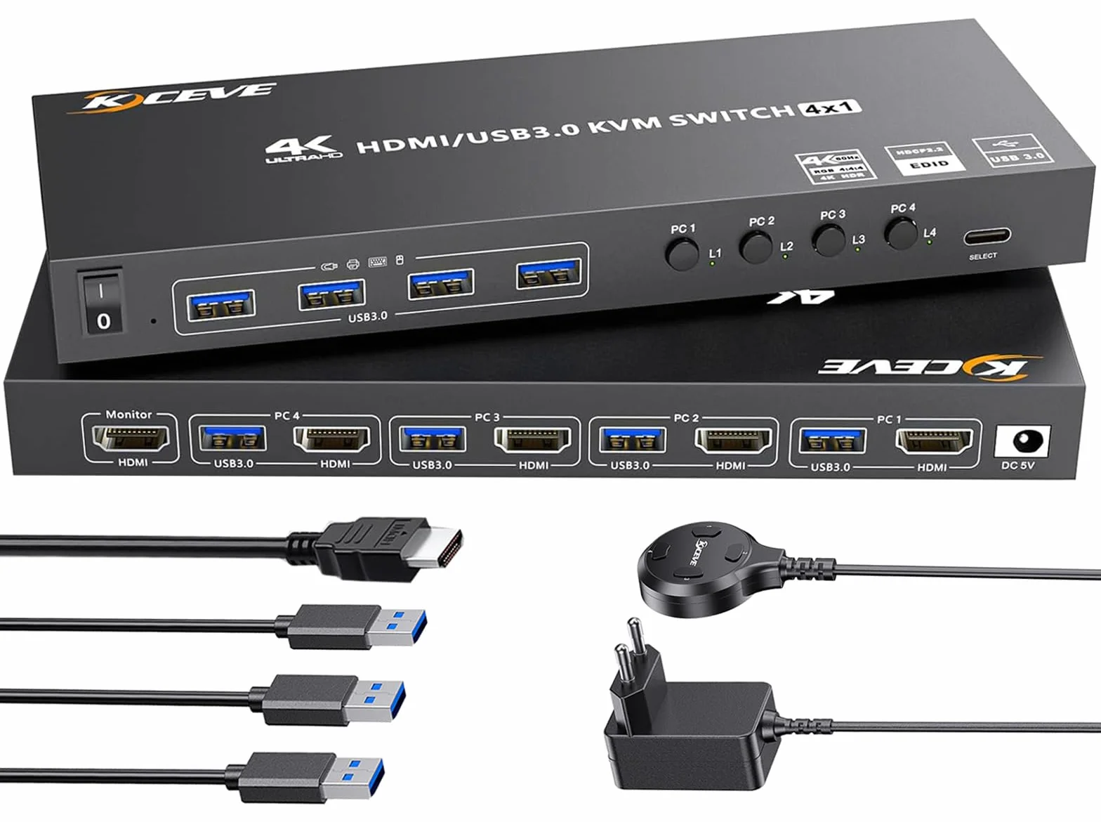 KVM Switch 4 PC 1 monitor HDMI symulacja EDID, 4K 60Hz, USB 3.0 KVM Switch HDMI 4 porty do 4 części PC, 1 monitor i 4 urządzenia USB 3.0, z przewodowym pilotem, 5 kabli i zasilaczem sieciowym