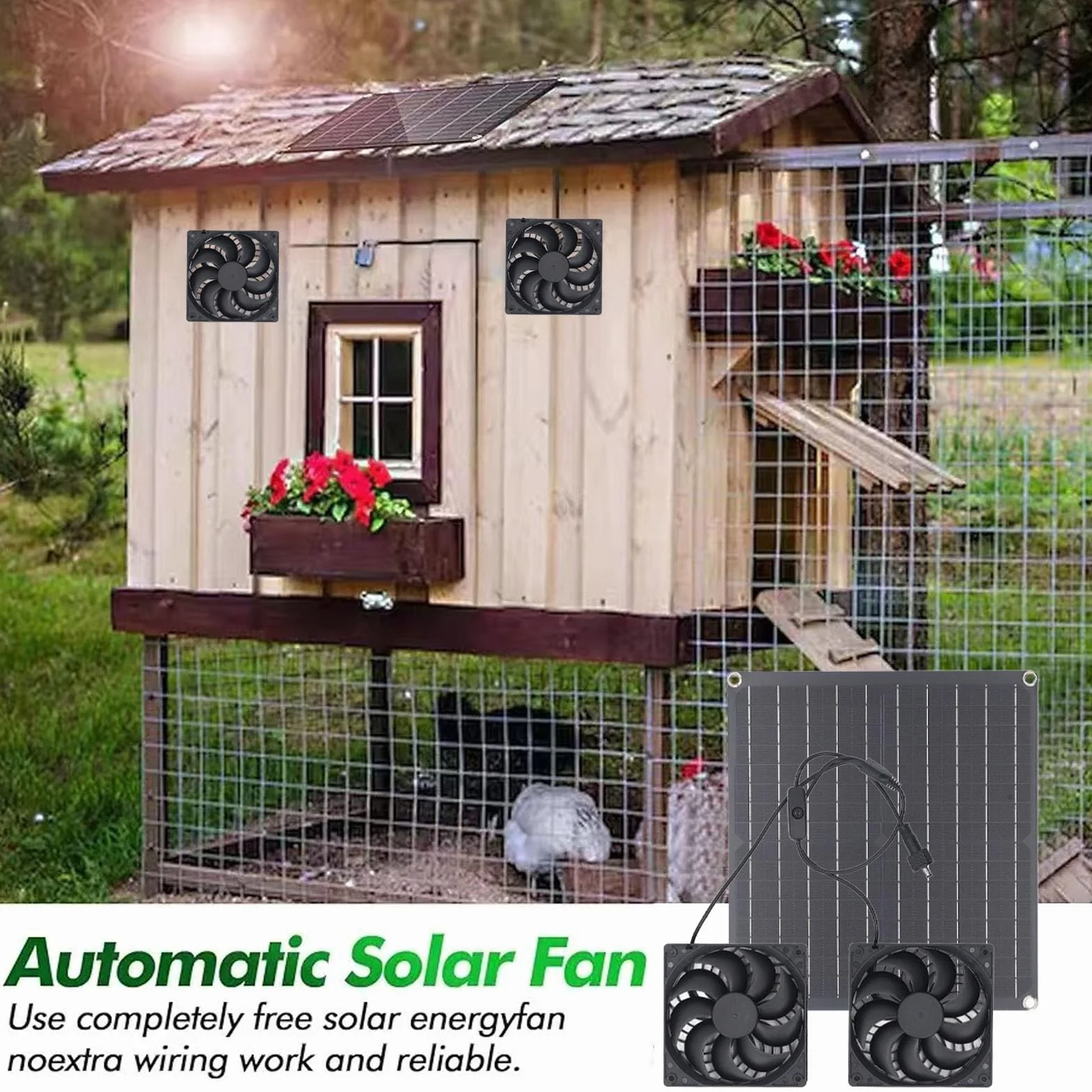 Wentylator Słoneczny, Wentylator Panelowy 25 W, Odporny na Warunki Atmosferyczne, z Podwójnym Wentylatorem DC do Małych Kurników, Szklarni, Szop, Domów dla Zwierząt, Okna