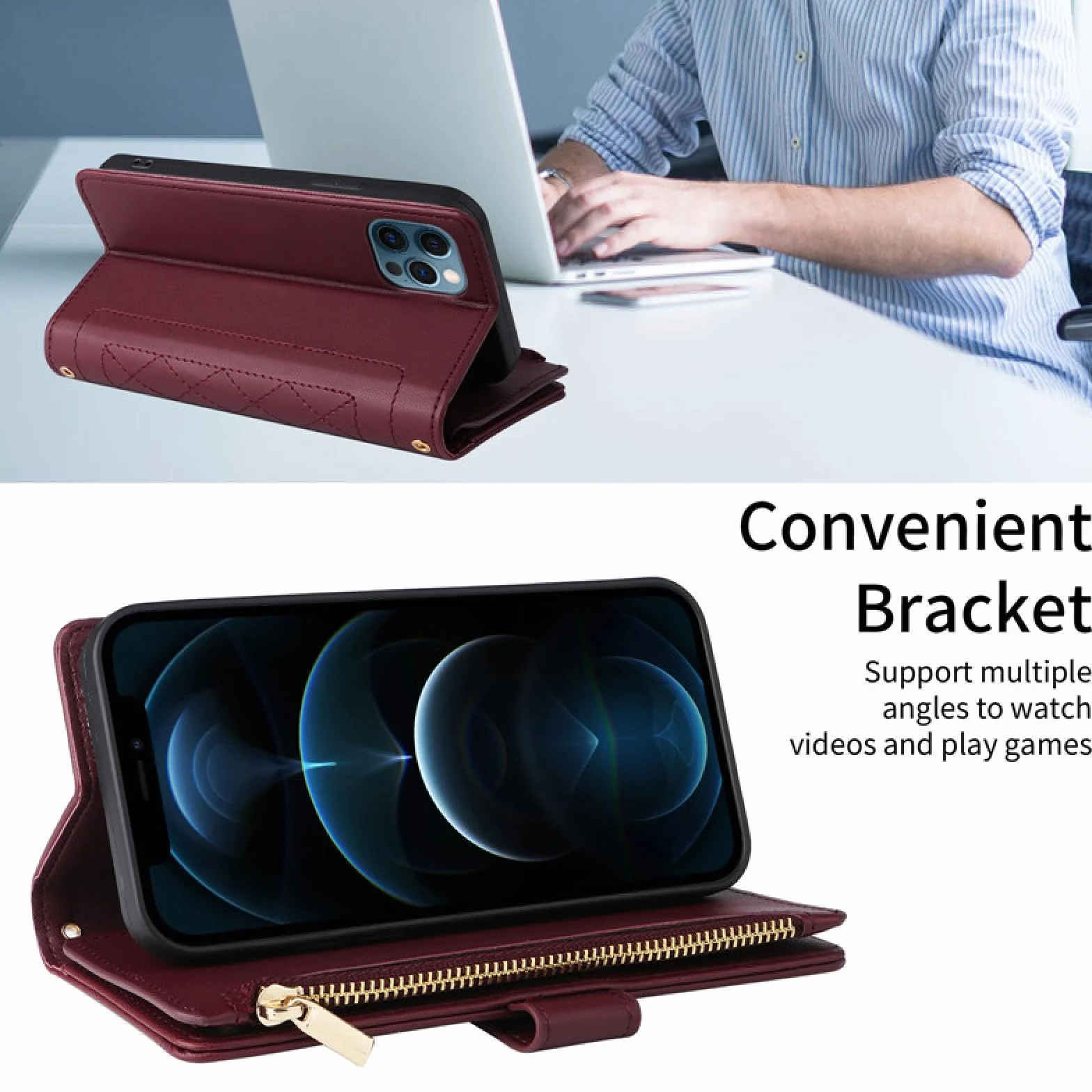 Do iPhone'a 16 Pro Max Crossbody Skórzany Portfel Zapinany Na Zamek Etui na Karty Telefony Smycz Klapka (Do iPhone'a 16 Pro Max/Czerwony)
