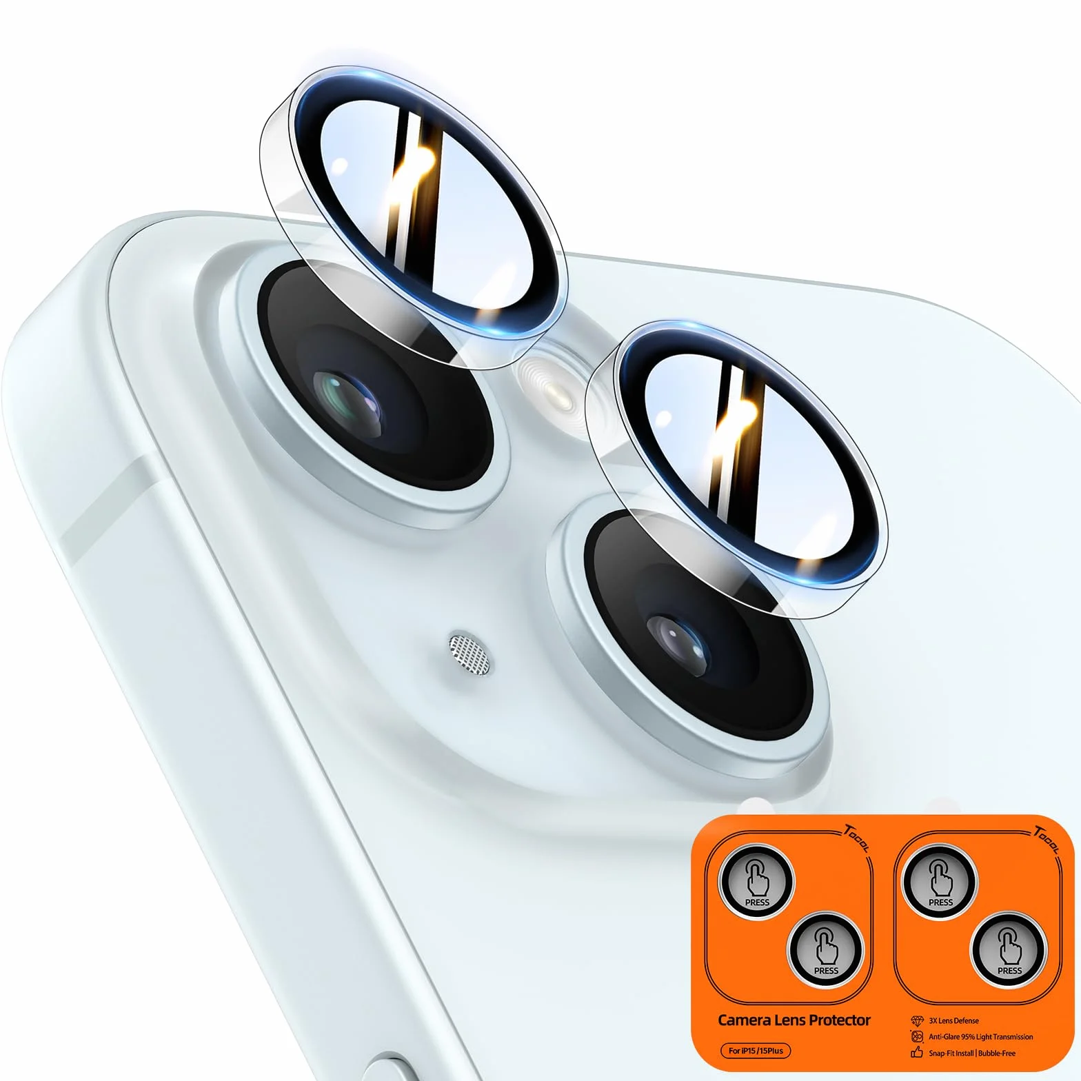 TOCOL 2 Sztuki Osłona Obiektywu Aparatu iPhone 15 Plus, Folia Szkło Hartowane 9H, Przezroczysty