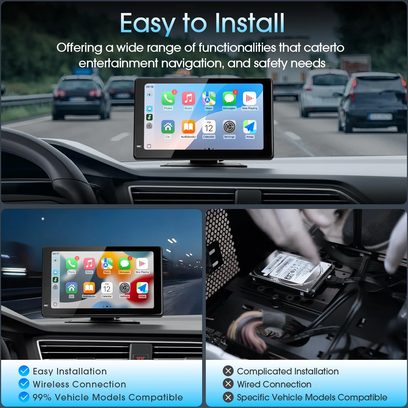 Haudio 7-calowy ekran Carplay do Apple & Android Auto, przenośne radio samochodowe z tylną kamerą 1080p, bezprzewodowe odtwarzanie samochodu ze sterowaniem głosem i łączem lustra, ekran dotykowy audio