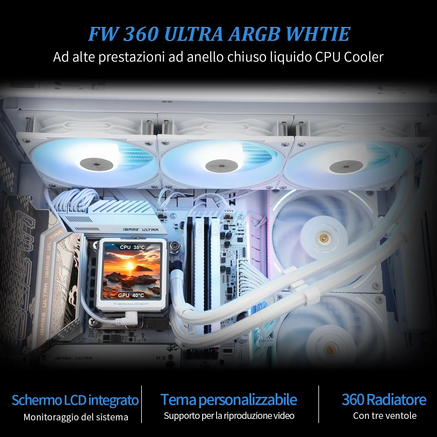 TR FW360 Ultra ARGB biały CPU AIO Cooler, PC 360, wyświetlacz IPS LCD o rozdzielczości 480 x 480, do AM4/AM5 i Intel LGA1700/1851, pompa o wysokiej wydajności