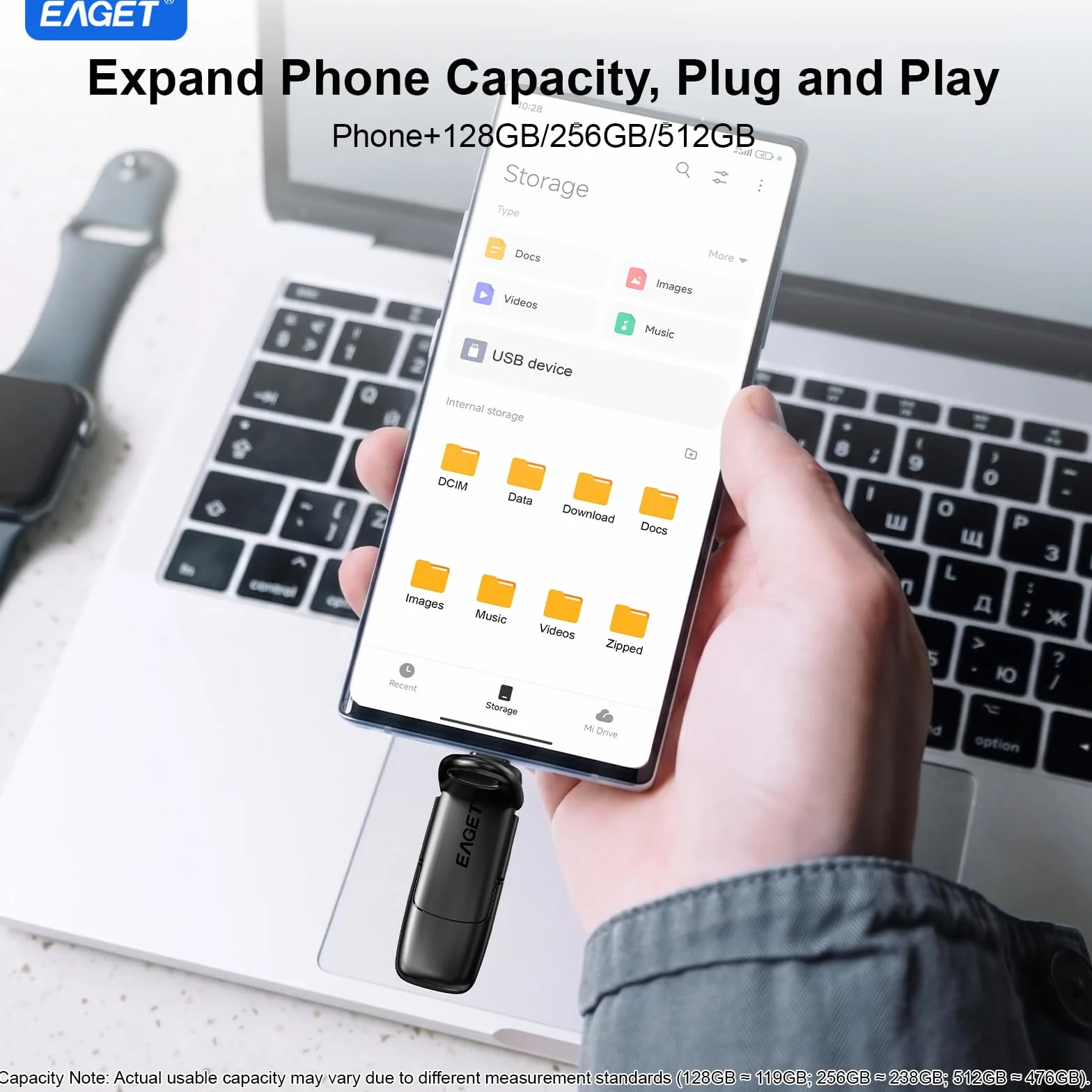 Eaget 256 GB podwójny dysk flash USB-C i USB 3.2, przenośny zewnętrzny dysk SSD 560 MB/s do iPhone'a 15/16/17 Pro, Mac, PC, PS4, Android
