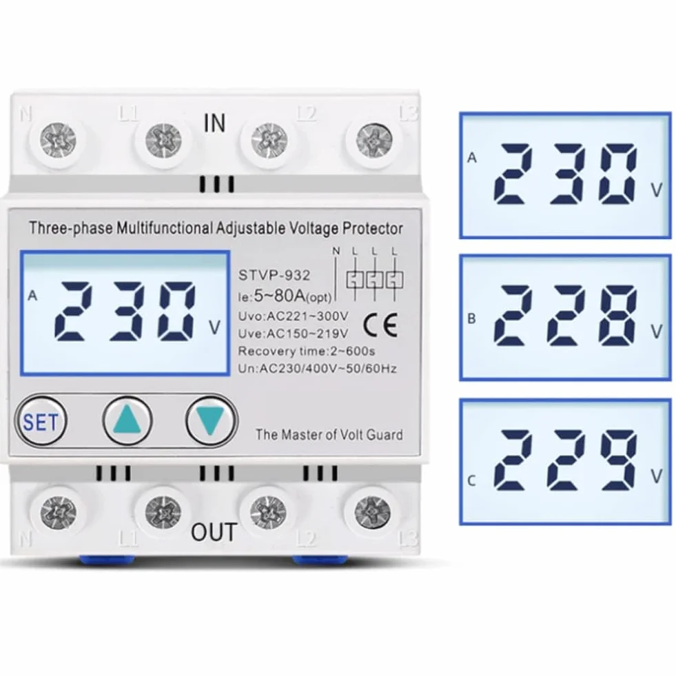 Zabezpieczenie przeciwprzepięciowe regulowane zabezpieczenie napięcia STVP-932 230 V/ 400 V AC 3-fazowe wielofunkcyjny wyświetlacz LCD z pełnymi funkcjami (63 A)