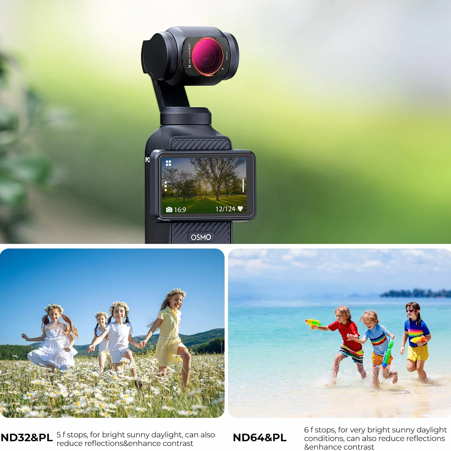 K&F Concept 4-pak - ND8/PL, ND16/PL, ND32/PL, ND64/PL kompatybilny z Osmo Pocket 3, neutralna optyka kolorów, wielowarstwowe powłoki ND filtry polaryzacyjne