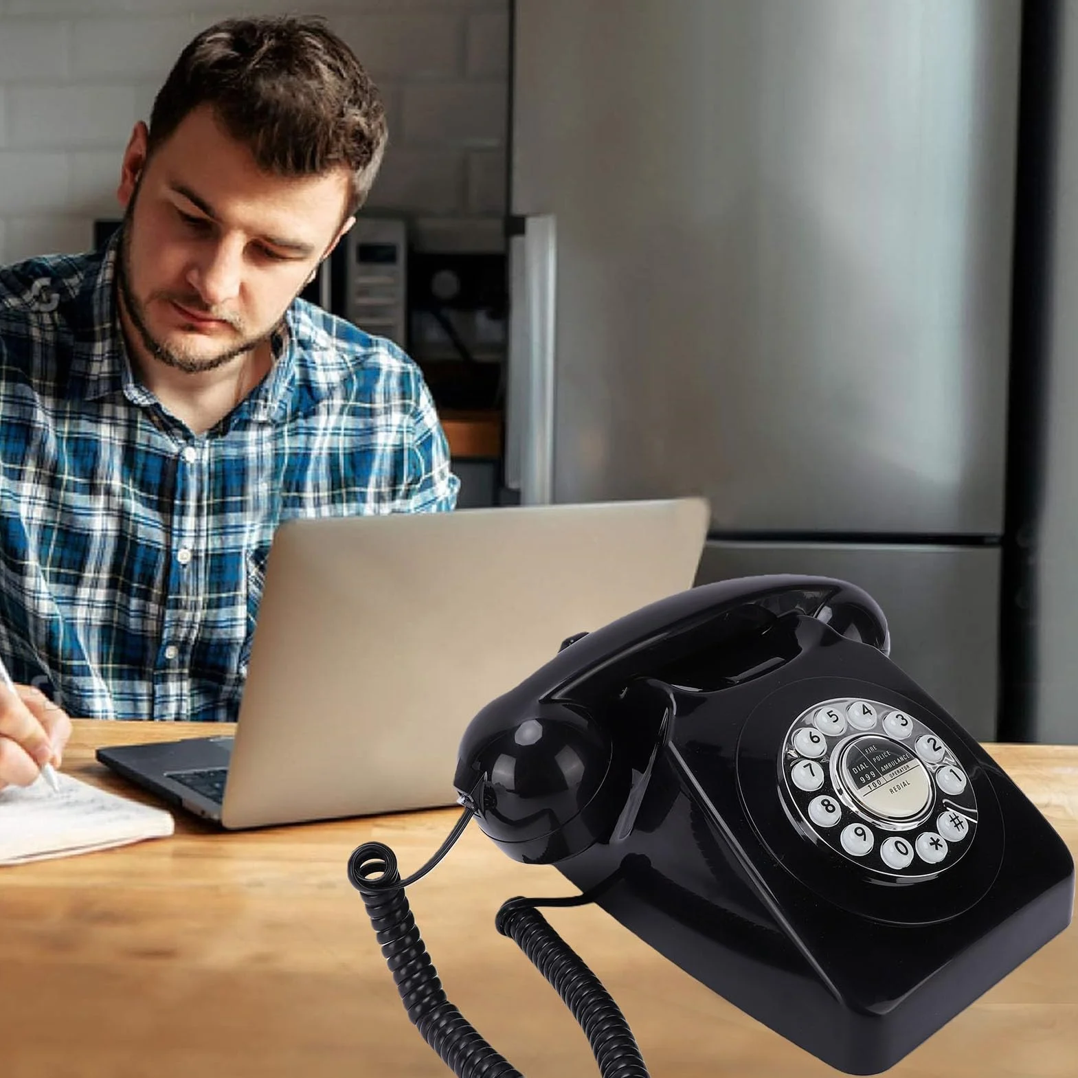 Zabytkowy Telefon Stacjonarny Klasyczny Wygląd, Telefon Przewodowy w Stylu Retro z Przyciskami Ponownego Wybierania RJ11, Plug and Play do Wystroju Domowego Biura (BLACK)