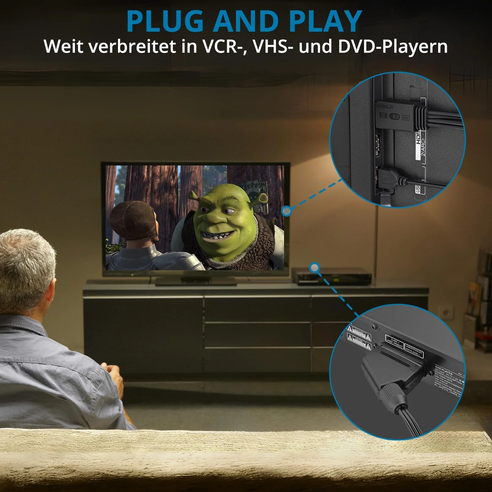 AUTOUTLET Konwerter Scart na HDMI, konwersja 16:9/4:3 i PAL/NTSC, 1080p SCART na HDMI adapter z 150 cm męski zintegrowany kabel, adapter wideo konwerter audio do HDTV, VCR, VHS, DVD
