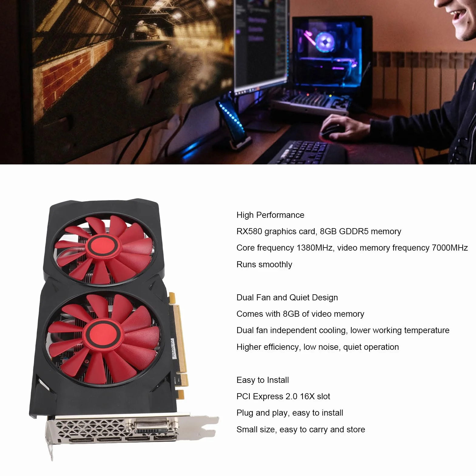 RX580 8 GB GDDR5 256bitowa karta graficzna do gier, cichy, podwójny wentylator, karta graficzna do gier z PCI Express 2.0, 16X do komputera stacjonarnego