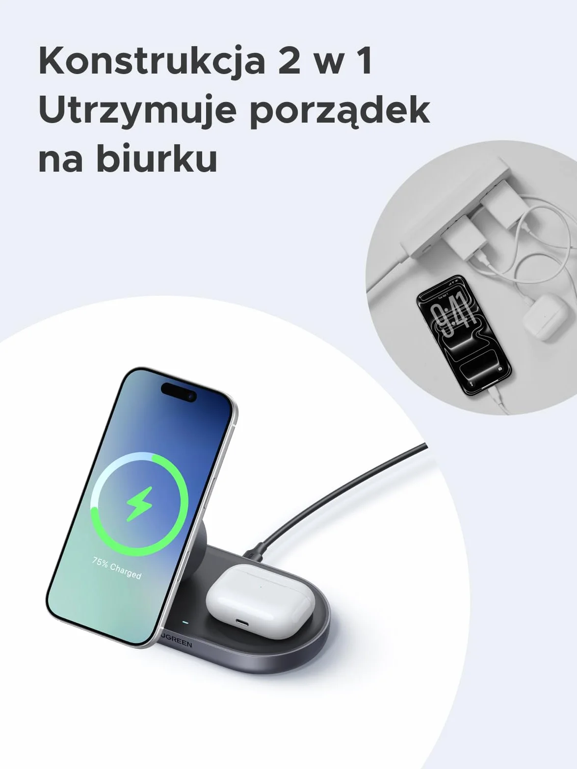 UGREEN Zapix 2 w 1 Magnetyczna ładowarka Bezprzewodowa 15W, stacja ładowania iPhone'a z certyfikatem Qi2, kompatybilna z MagSafe dla serii iPhone 17/16/15/14/13/12 i AirPods, z kablem 1m – Czarny