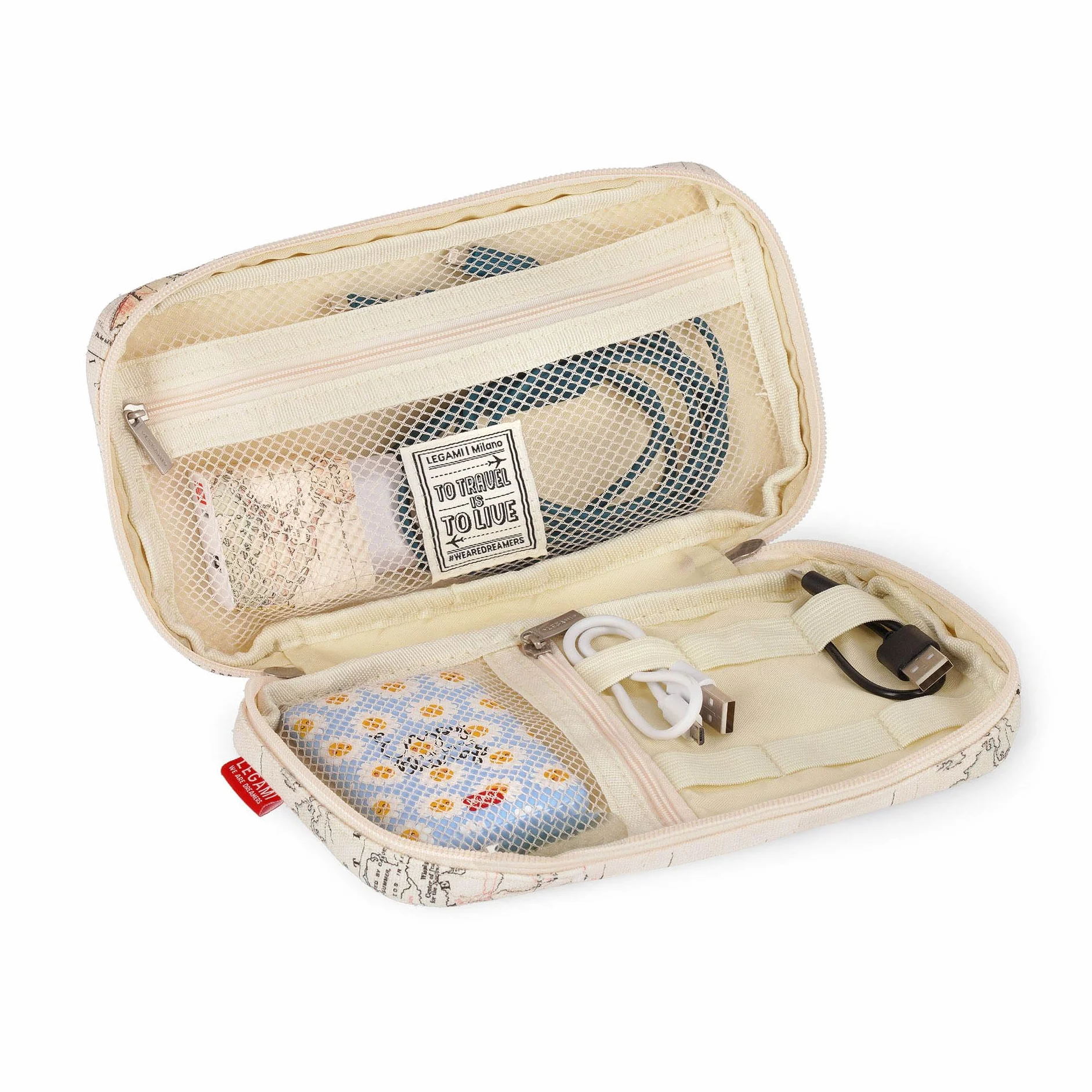 Legami - Organiser na kable - Organizator kablowy, futerał podróżny na przewody i kable Telefon PC, torba na gadżety elektroniczne, ładowarka, bank, mała przenośna torba, 23,8 x 14 x 4,7 cm, Beżowy,