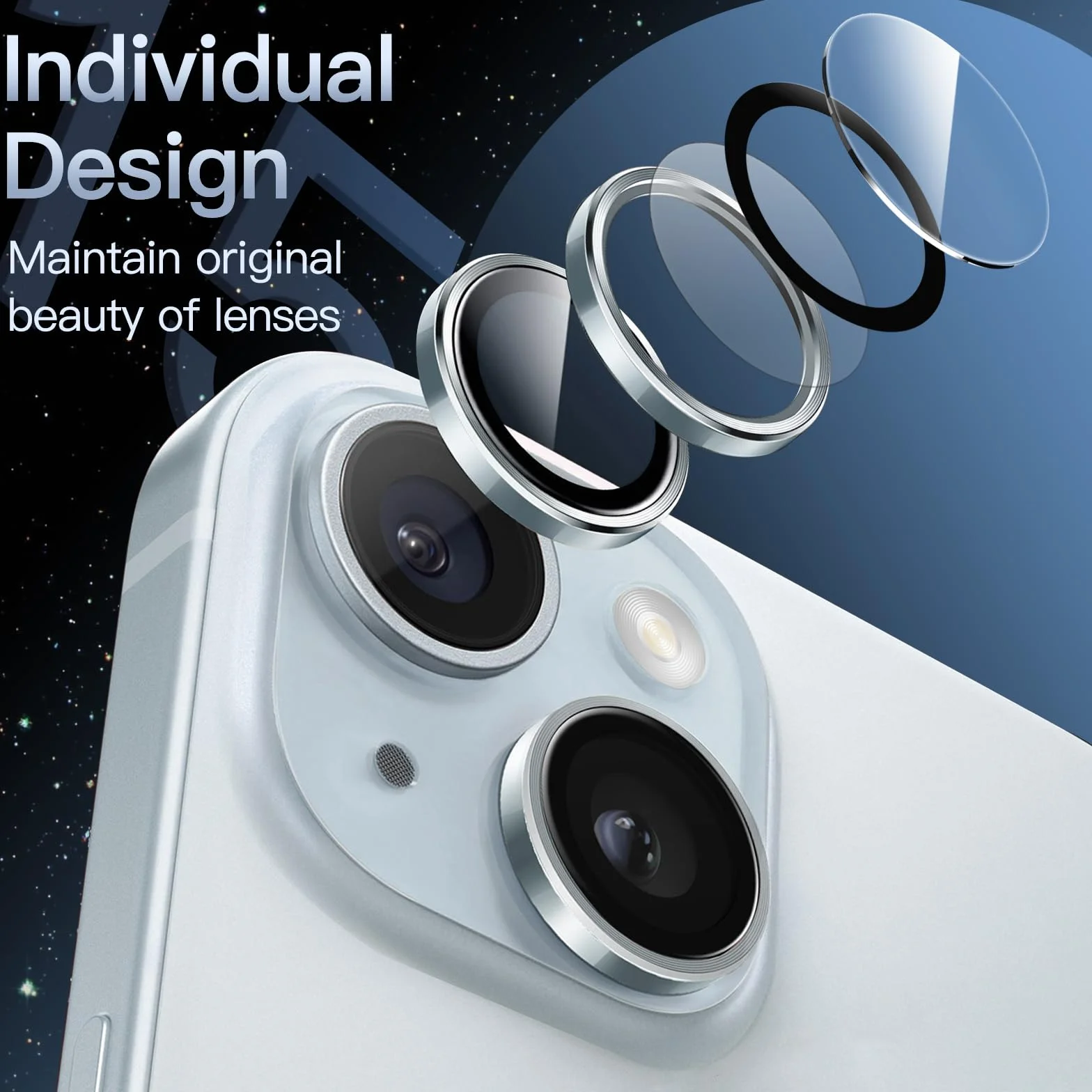 JETech Ochraniacz Obiektywu Aparatu dla iPhone 15/15 Plus, Niebieski | 1 Zestaw, Szkło Hartowane 9H, Metalowe Osłony Pierścieniowe, Przejrzystość HD