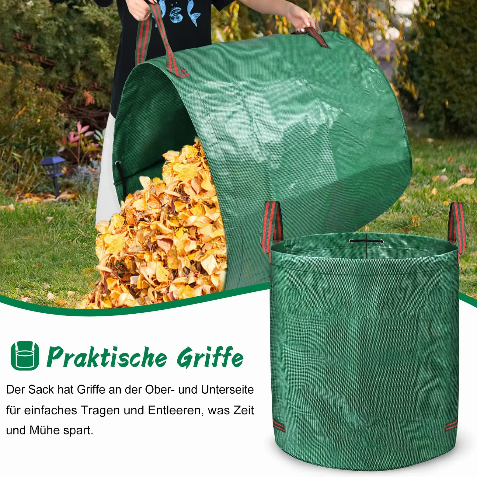 Froadp 272L Składane Worki na Odpady Zielone Ogrodowe 150g/m² PP Przenośny Worek na Liście z Uchwytami Duży Worek na Trawę Ogrodowy na Liście z Trawy Zielone Pojemnik na Odpady ogrodowe (6 szt)