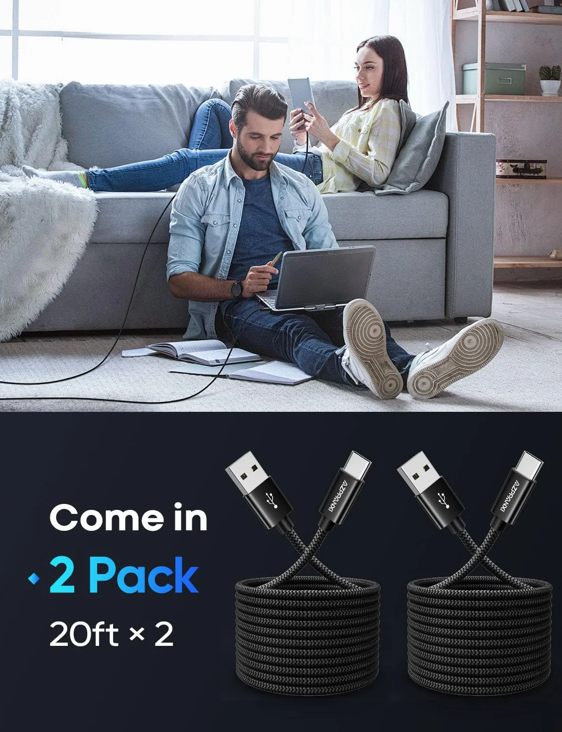 Długi kabel USB C o długości 6,1 m, trwały podwójny pleciony nylon, kabel USB A do USB C, kabel do szybkiego ładowania, kompatybilny z iPhone 15 Pro Max, Samsung Galaxy Moto LG i innymi urządzeniami