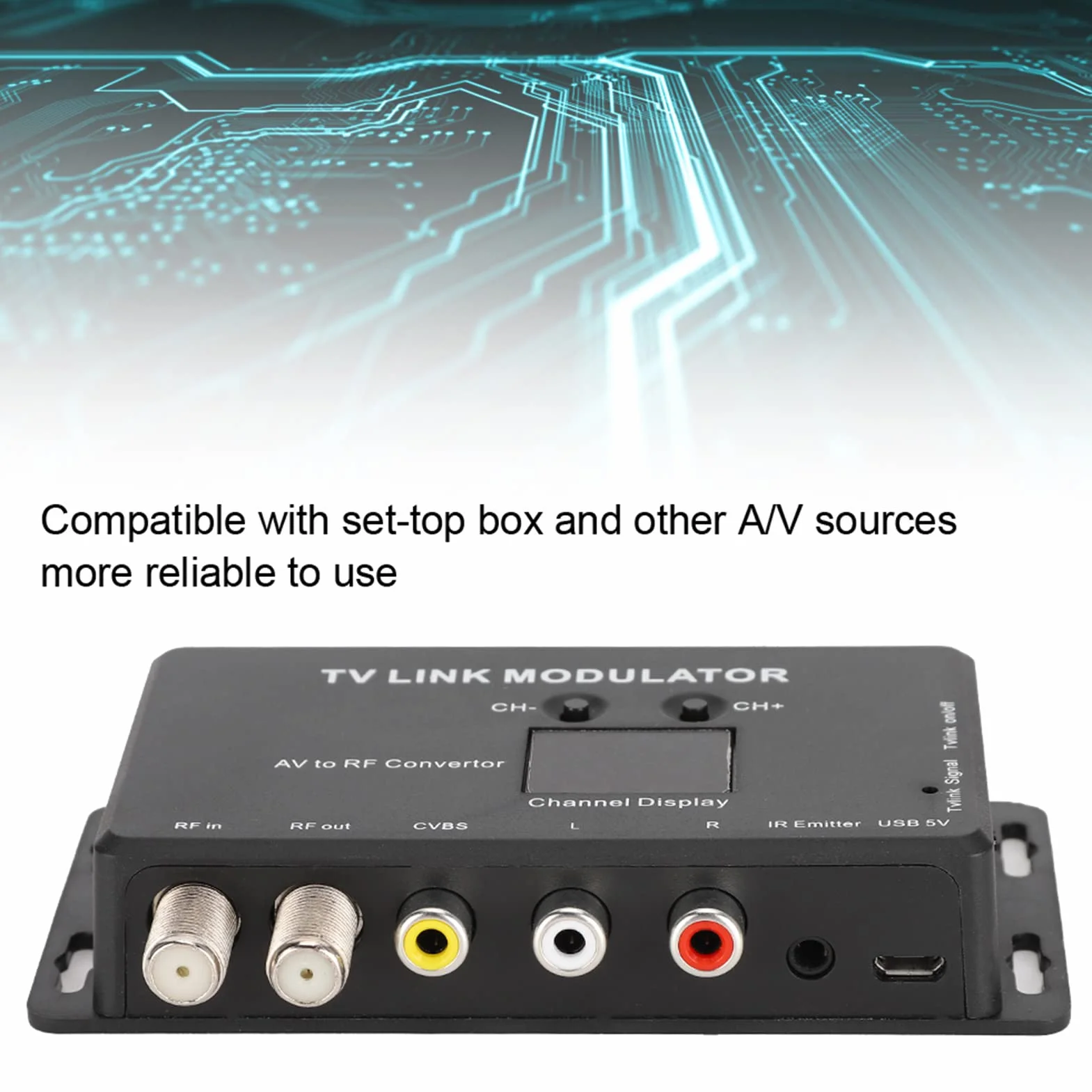 Modulator UHF TM70 Konwerter AV na RF Przedłużacz IR Wyświetlacz Kanałów Czarny 1W USB 5V