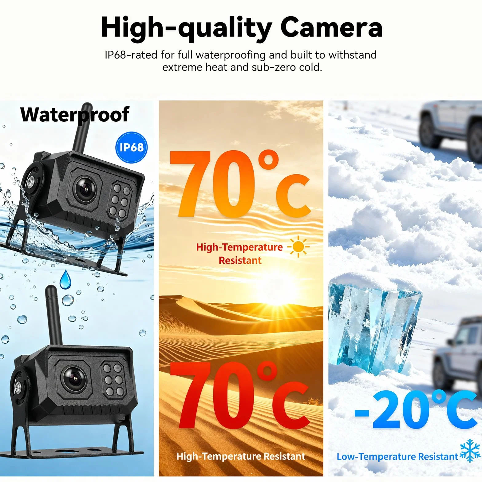 CAMECHO bezprzewodowa kamera cofania 7″ z monitorem IP68 wodoszczelna z widzeniem nocnym zoom ręczny do przodu/tyłu podział ekranu wykrywanie ślepych stref