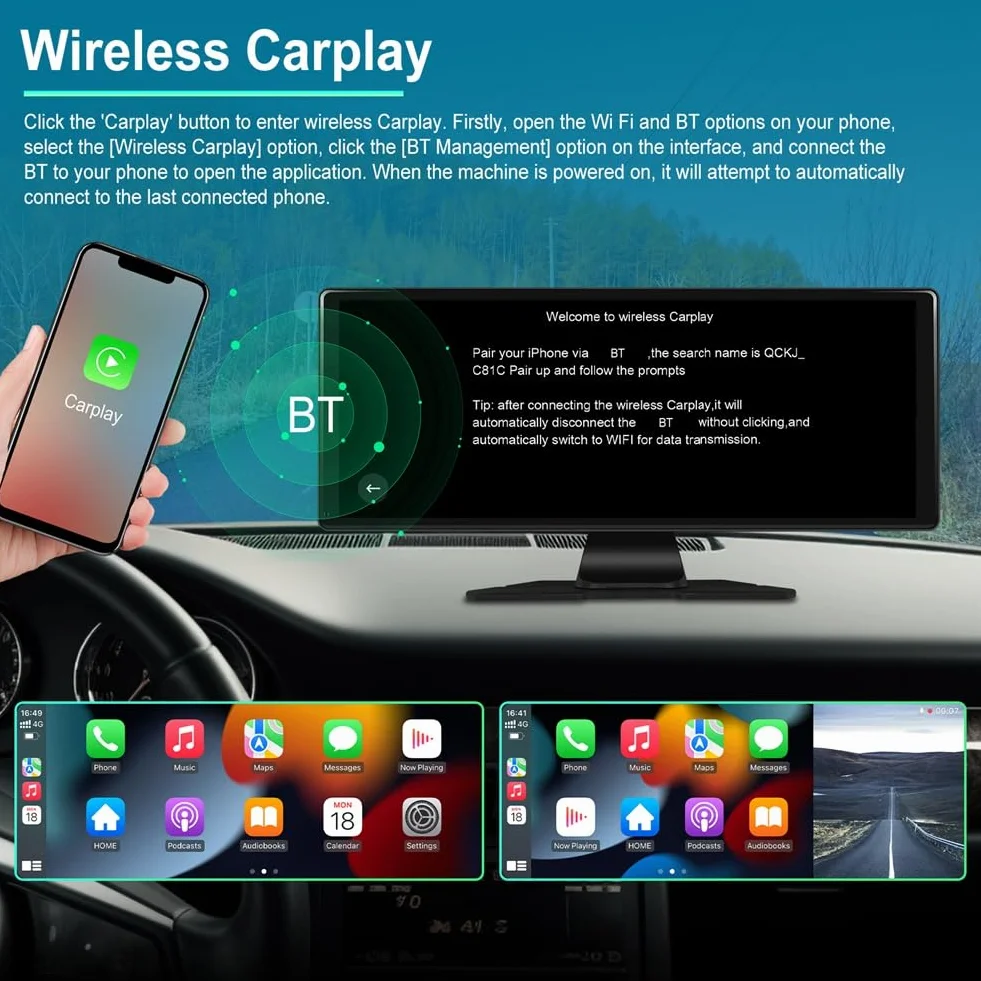 Przenośny inteligentny samochodowy odtwarzacz multimedialny 11,3 bezprzewodowy Carplay Android Auto 4K DVR kamera samochodowa ADAS lustro link Bluetooth FM zamiennik