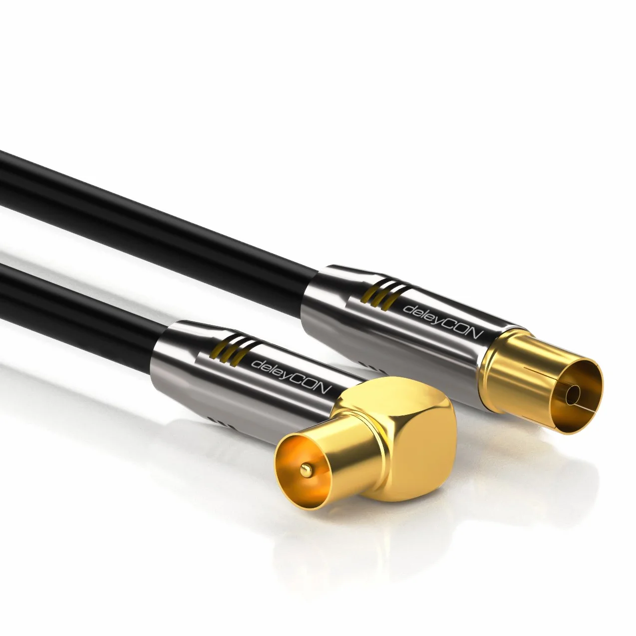 deleyCON 1,5m Kabel Antenowy TV 4K, Koncentryczny - 4K Ultra HD Full HD HDTV - 1x Wtyk IEC Kątowy 90° do Gniazda IEC Prostego - TV/Radio DVB-T2, Metalowe Złącza - Czarny