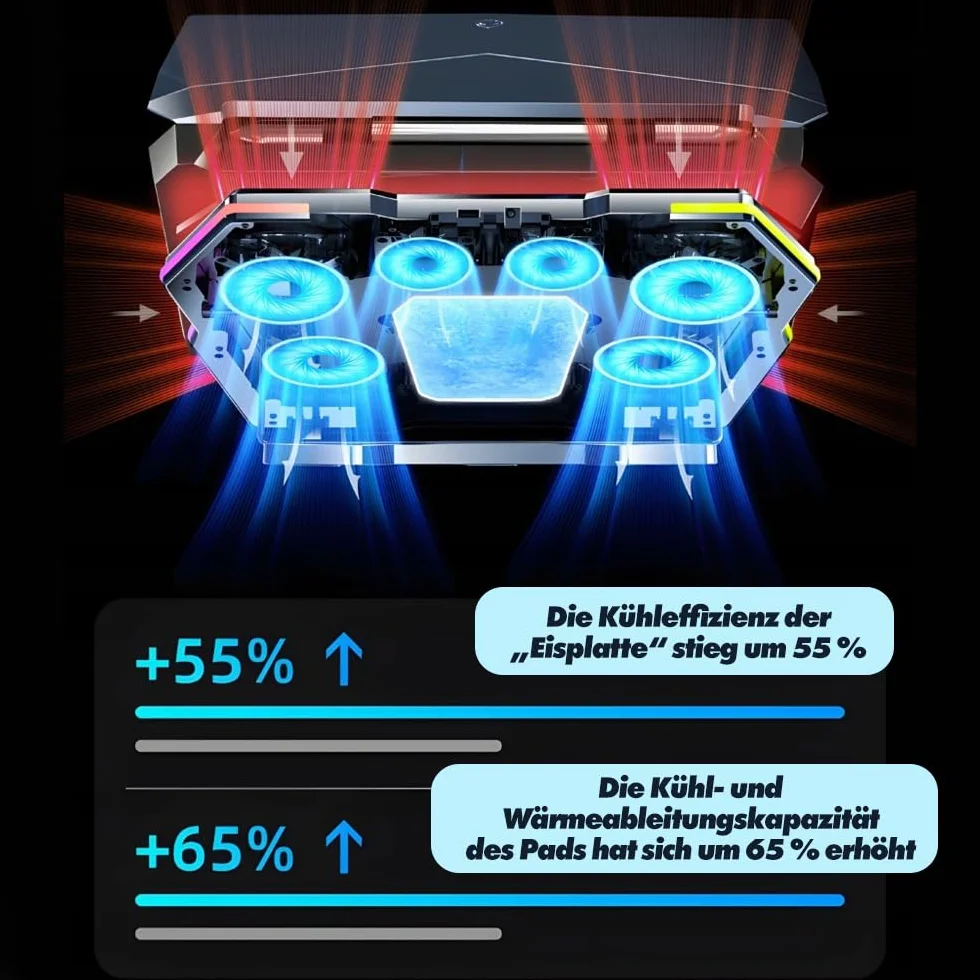 EXG D13 podkładka chłodząca do laptopa – podkładka chłodząca do notebooka z 6 wentylatorami, oświetlenie RGB, 8-stopniowe nachylenie, zasilanie przez USB lub zasilacz, ciche chłodzenie do laptopów 13