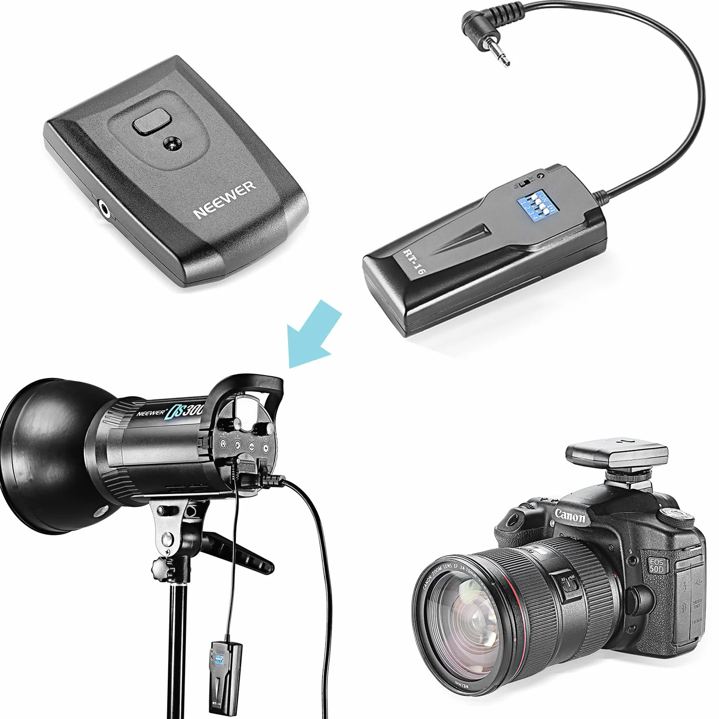 Neewer 16-kanałowy bezprzewodowy wyzwalacz lampy błyskowej RT-16, kompatybilny z Neewer S101-300W, S101-400W, S101-300W PRO, S101-400W PRO i innymi lampami studyjnymi