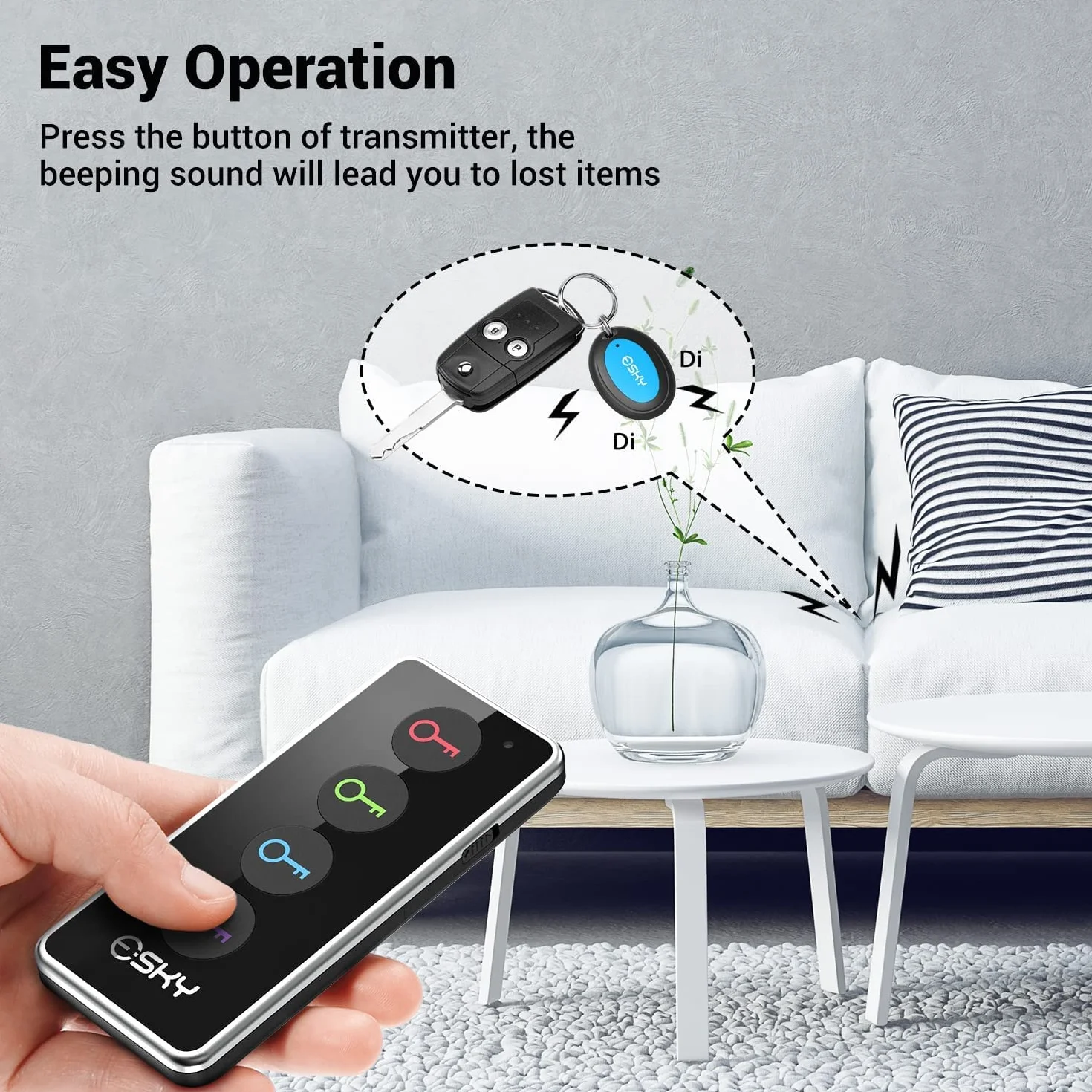 Esky 4 w 1 bezprzewodowy lokalizator kluczy, lokalizator przedmiotów RF z latarką LED i podstawą dla kluczy, psów, kotów, portfela, telefonu komórkowego, najlepsze prezenty