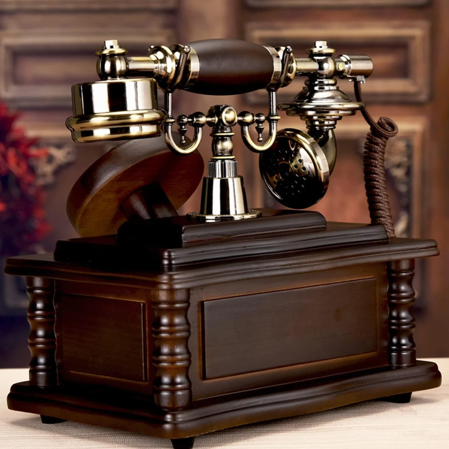 Telefon stacjonarny z obrotową tarczą, telefon stacjonarny z litego drewna, retro, z funkcją i szufladą do przechowywania do domu i biura