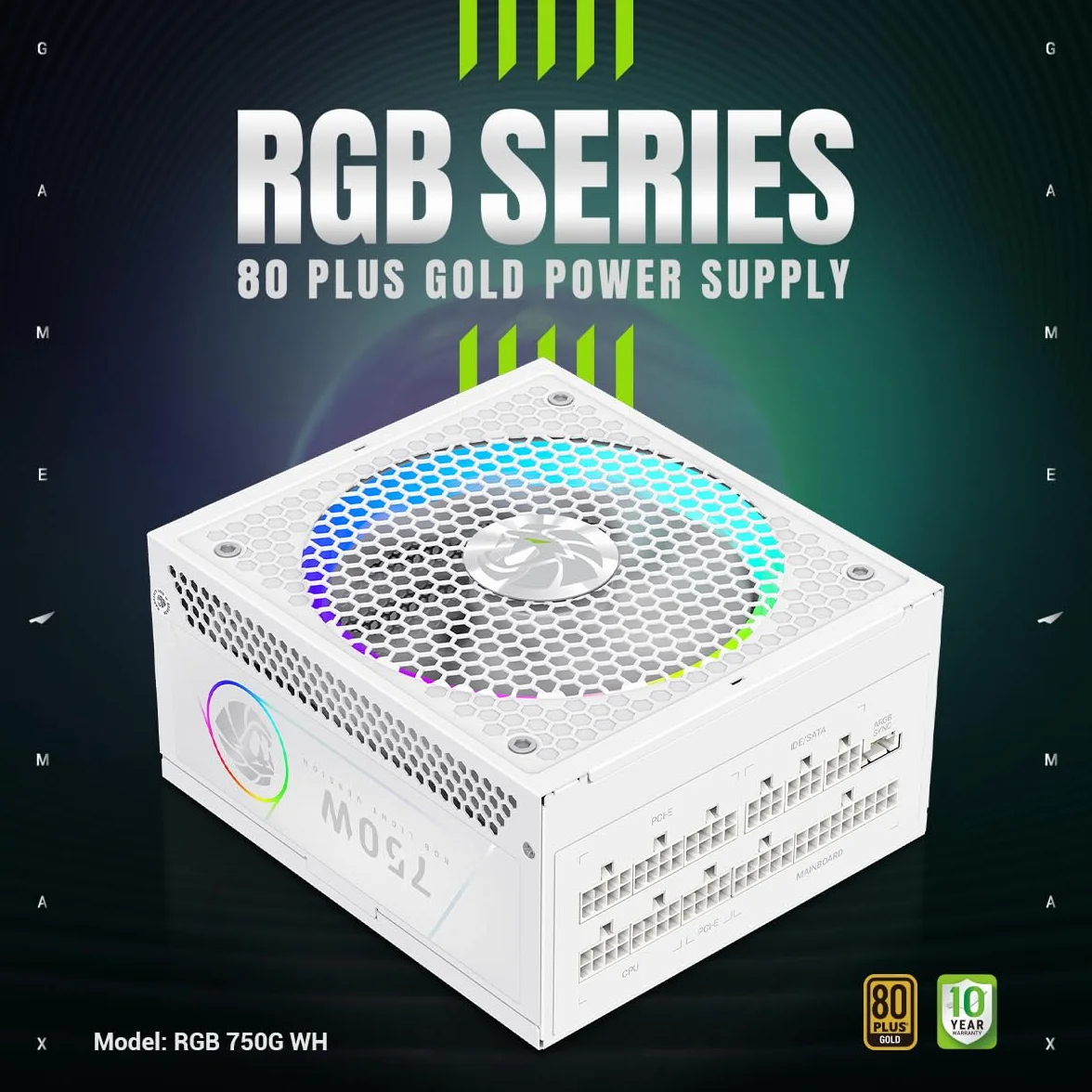 GAMEMAX RGB 750G WH Zasilacz PC 750W w pełni modułowy, 80 Plus Gold, LLC + DC-DC, ARGB Sync, japońskie kondensatory, wentylator ARGB FDB 140 mm, 9 zabezpieczeń, 10 lat gwarancji