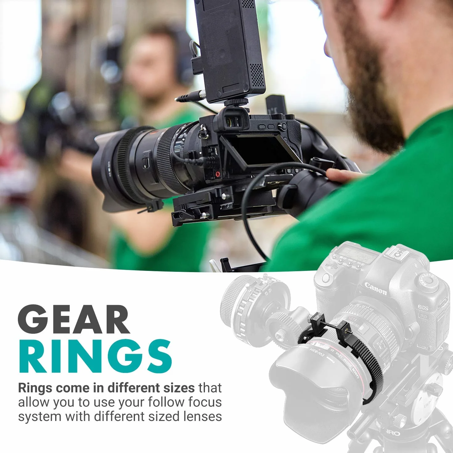 Movo FR3 Regulowany 3-częściowy zestaw przekładni pierścieniowej Follow Focus, zawiera pierścienie obiektywu 65 mm, 75 mm i 85 mm (standardowy skok 32-0,8 mod)
