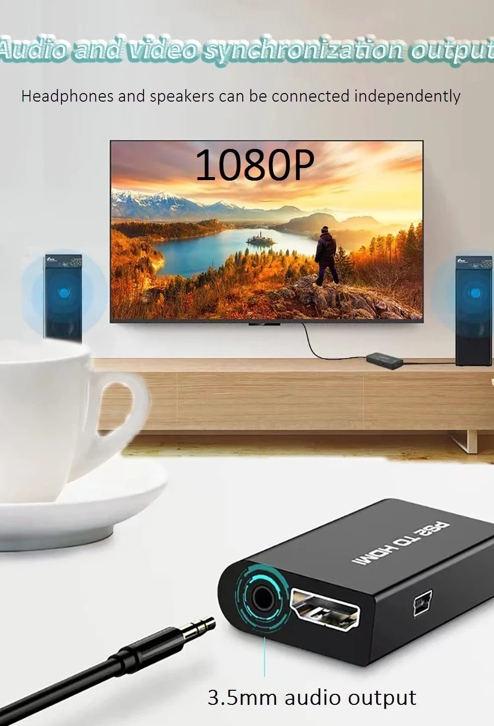 Adapter RCA na HDMI, konwerter wideo RCA na HDMI, Mini RCA Composite AV CVBS 3RCA na HDMI konwerter wideo adapter obsługuje PAL NTSC do PC Laptop VCR Xbox PS4 PS3 TV STB VHS kamera