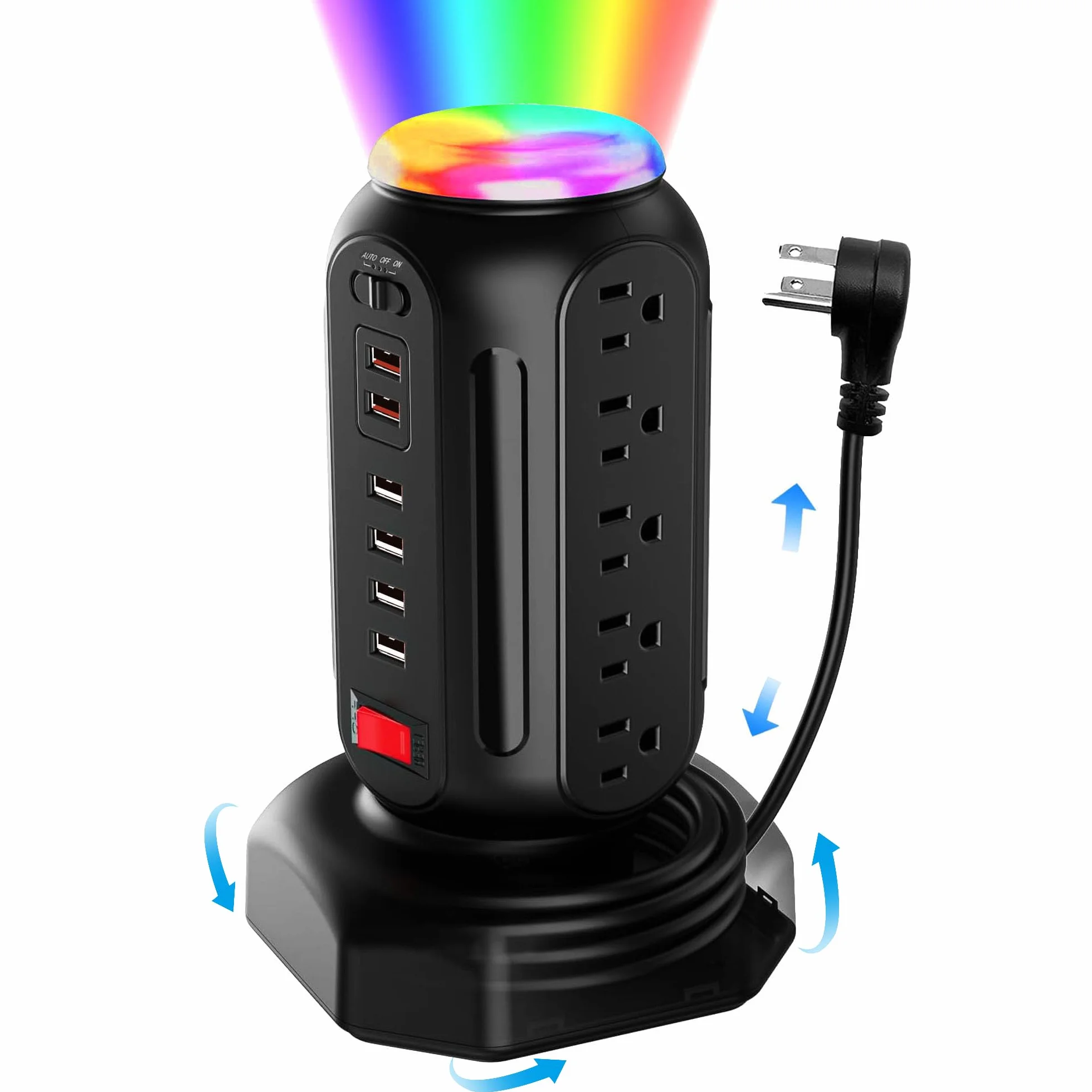Power Strip Tower 15 gniazd, 6 portów USB, ochrona przeciwprzepięciowa z kolorowym światłem LED i szybką ładowarką USB, stacja ładująca komputer z wytrzymałym przedłużaczem 6,5
