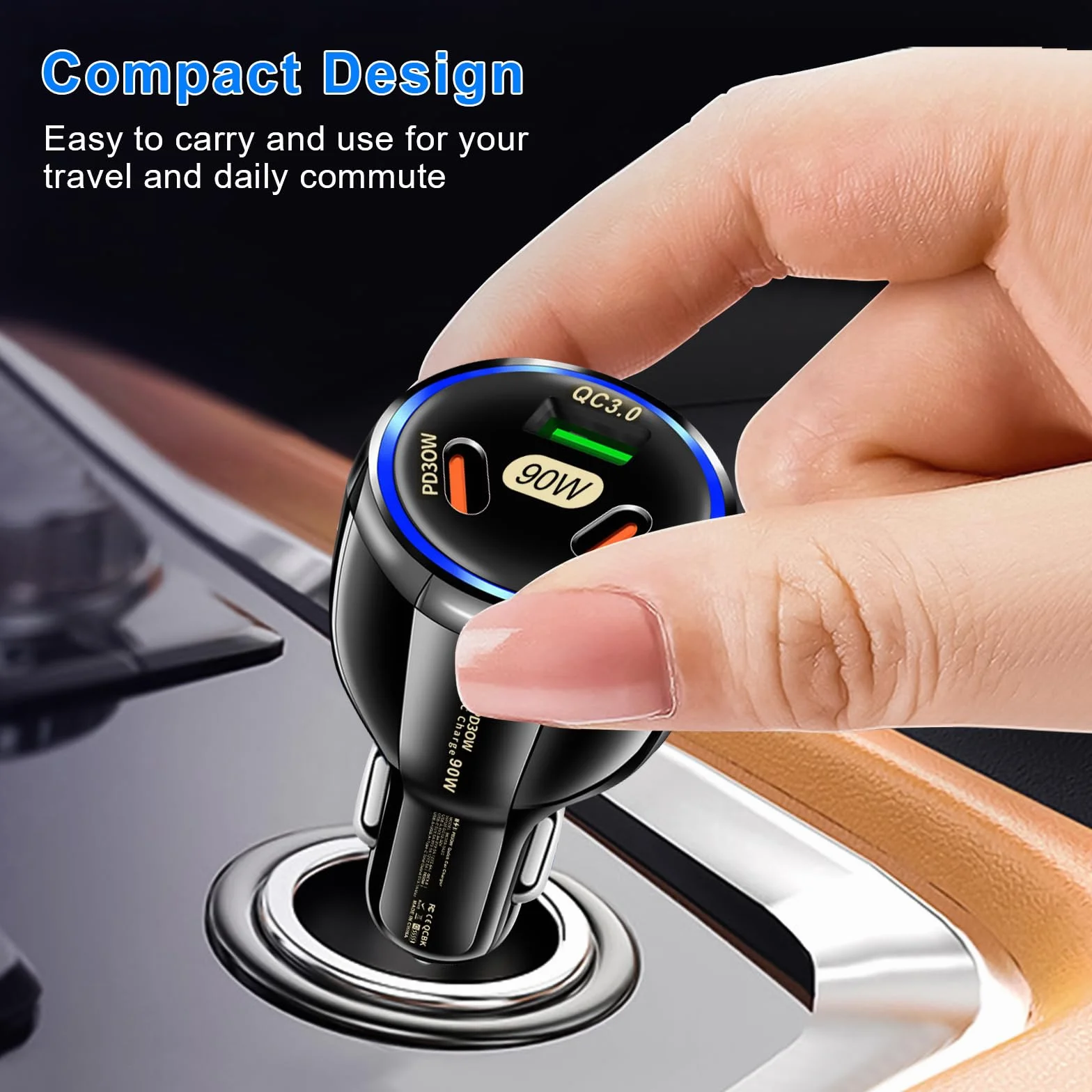 90 W ładowarka samochodowa USB C, zapalniczka samochodowa QC3.0/PD30W, odpowiednia wtyczka samochodowa USB C dla IPhone, tablety, Samsung, Huawei, Xiaomi-czarna
