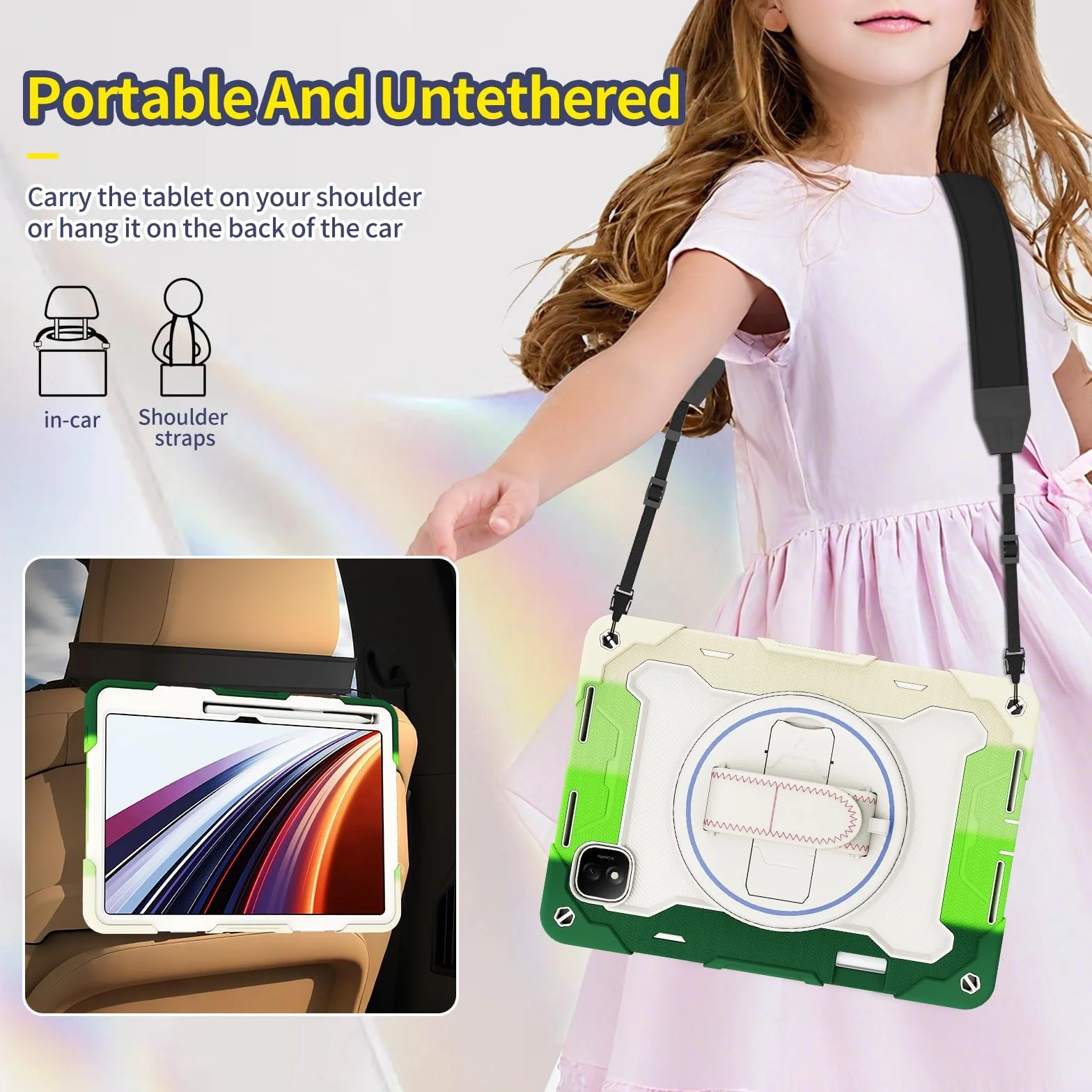 Odporne na wstrząsy etui do Honor Pad GT Pro 31.2 cm / MagicPad 2 31.2 cm, etui dla dzieci, etui z TPU, podpórka, wytrzymały pokrowiec ochronny z paskiem na rękę (zielony)