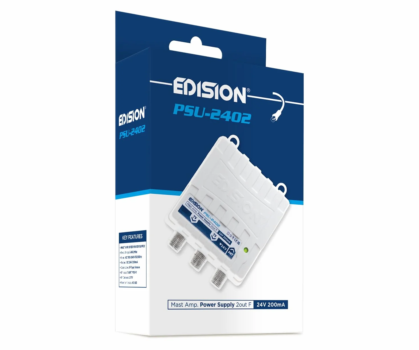 EDISION PSU-2402 wzmacniacz słupkowy anteny telewizyjnej ze złączem F, DC 24 V 200 mA, częstotliwością 5-862 MHz, 1 wejście, 2 wyjściami