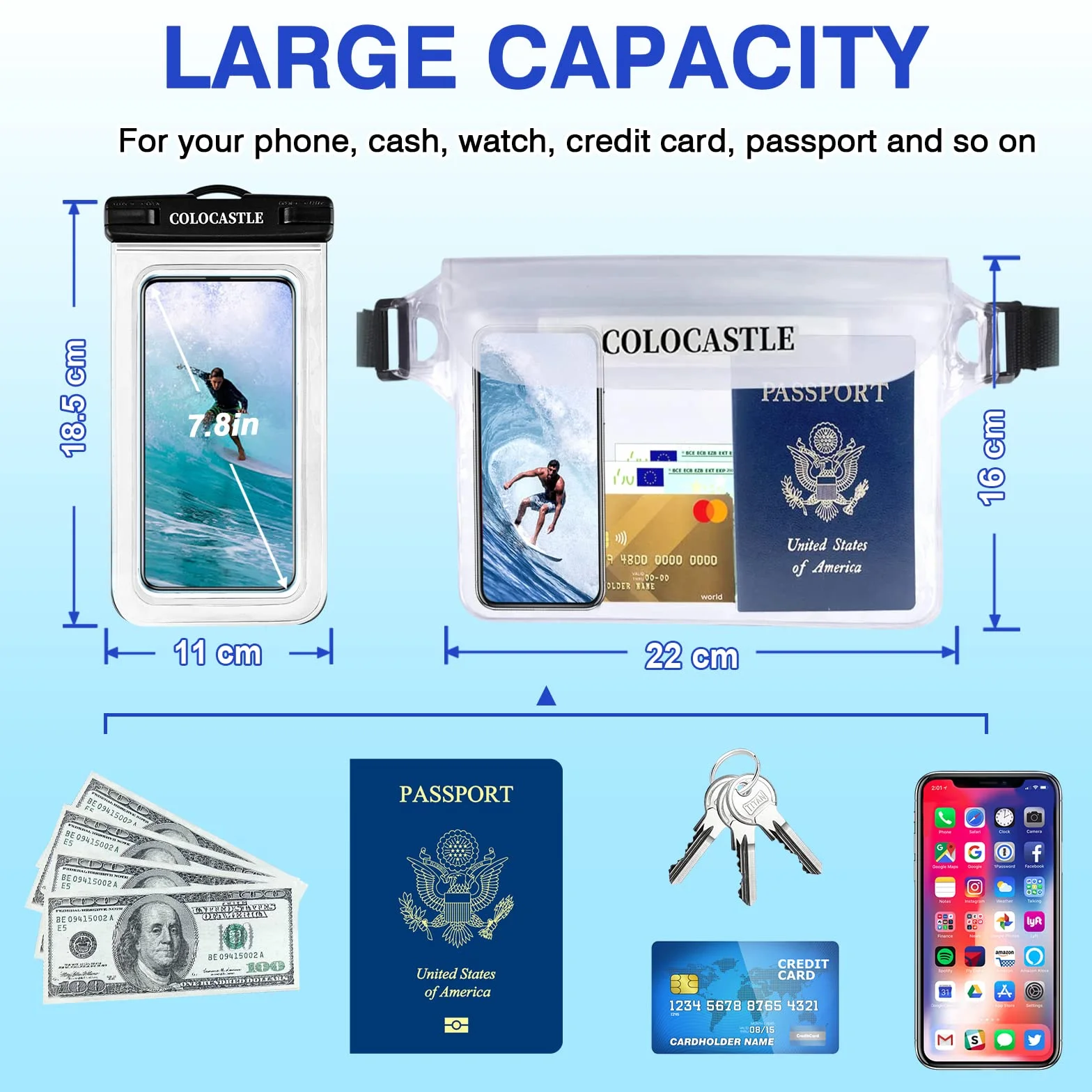 COLOCASTLE Wodoszczelna torba, etui na telefon komórkowy, wodoszczelna torba na brzuch, etui ochronne z IPX8, wodoodporne etui na telefon komórkowy do sportów wodnych, na plażę, do pływania, pływania