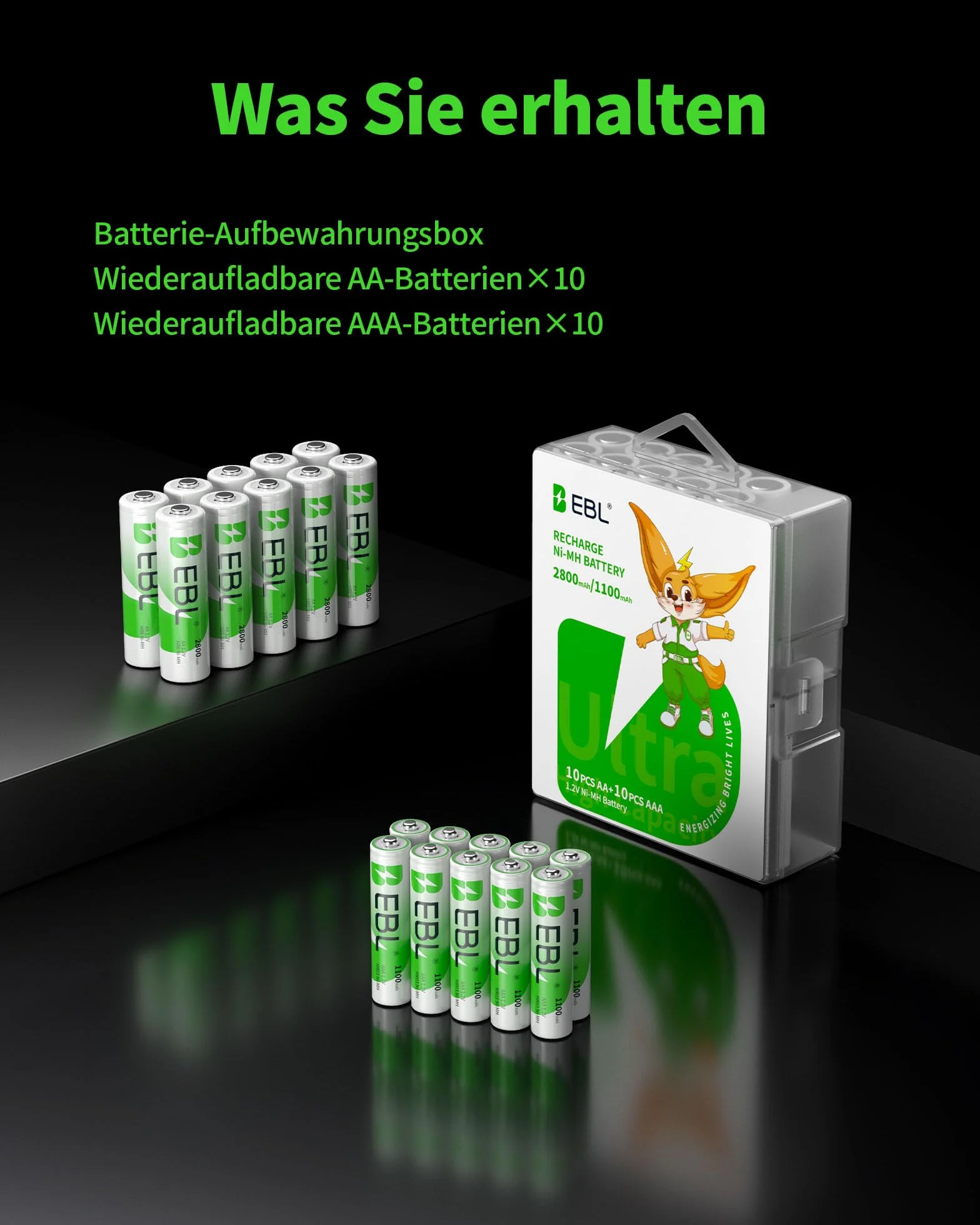 Akumulator AA AAA, 20 sztuk w opakowaniu: EBL 10 x 2800 mAh AA + 10 x 1100 mAh AAA – możliwość ponownego ładowania, niski poziom samorozładowania, idealny do urządzeń o wysokiej wydajności